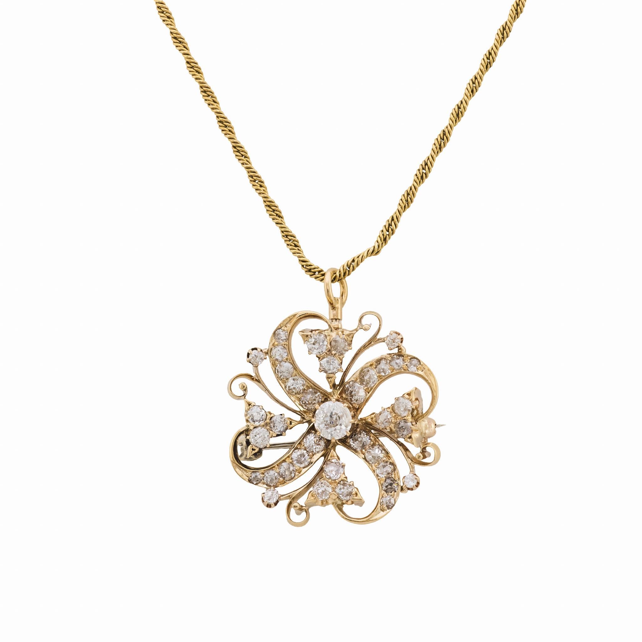 Collier victorien avec pendentif en or rose et jaune 14k et diamant de 3,10 carats en vente