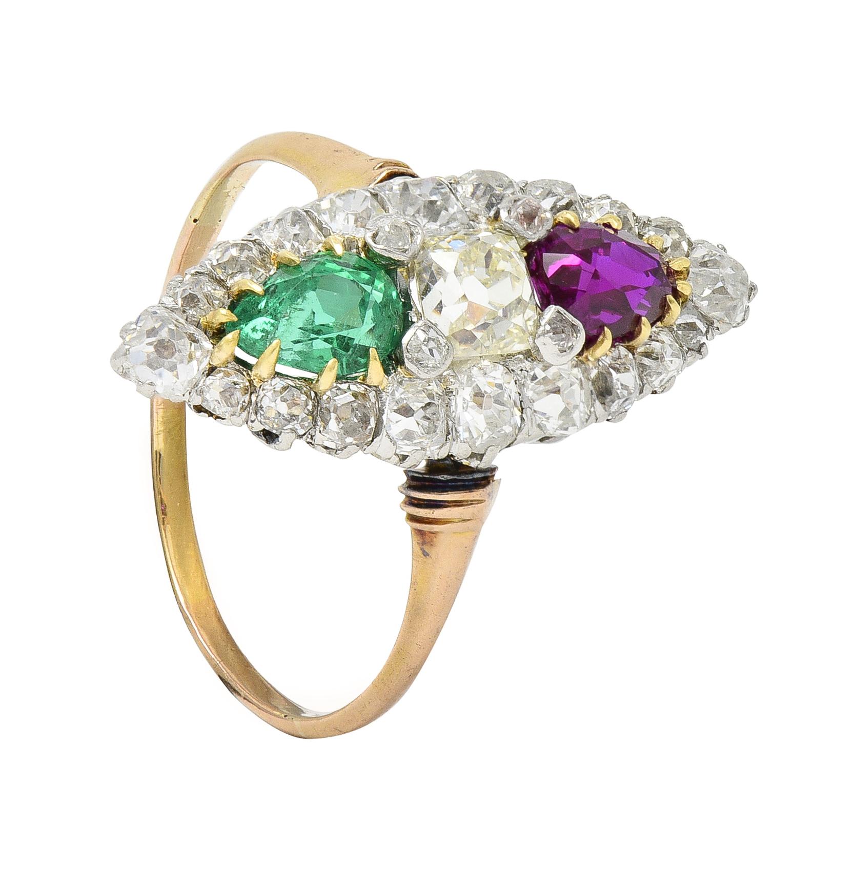 Victorian 3.10 CTW Ruby Emerald Diamond Platinum 18 Karat Rose Gold Navette Ring 5