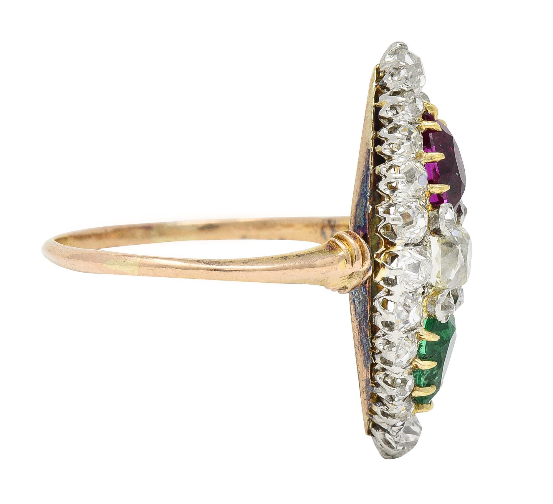 Pear Cut Victorian 3.10 CTW Ruby Emerald Diamond Platinum 18 Karat Rose Gold Navette Ring