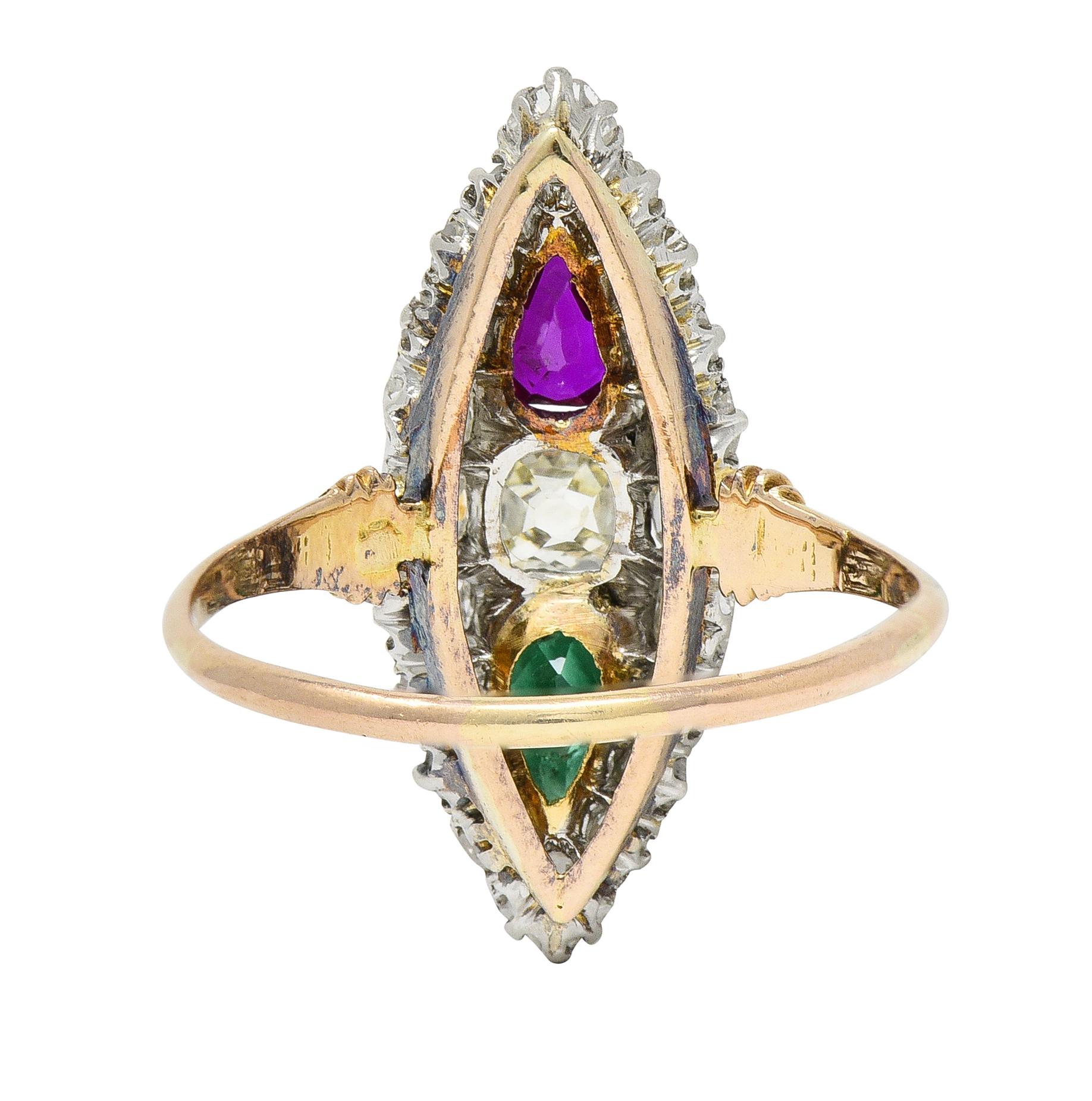 Victorian 3.10 CTW Ruby Emerald Diamond Platinum 18 Karat Rose Gold Navette Ring In Excellent Condition In Philadelphia, PA