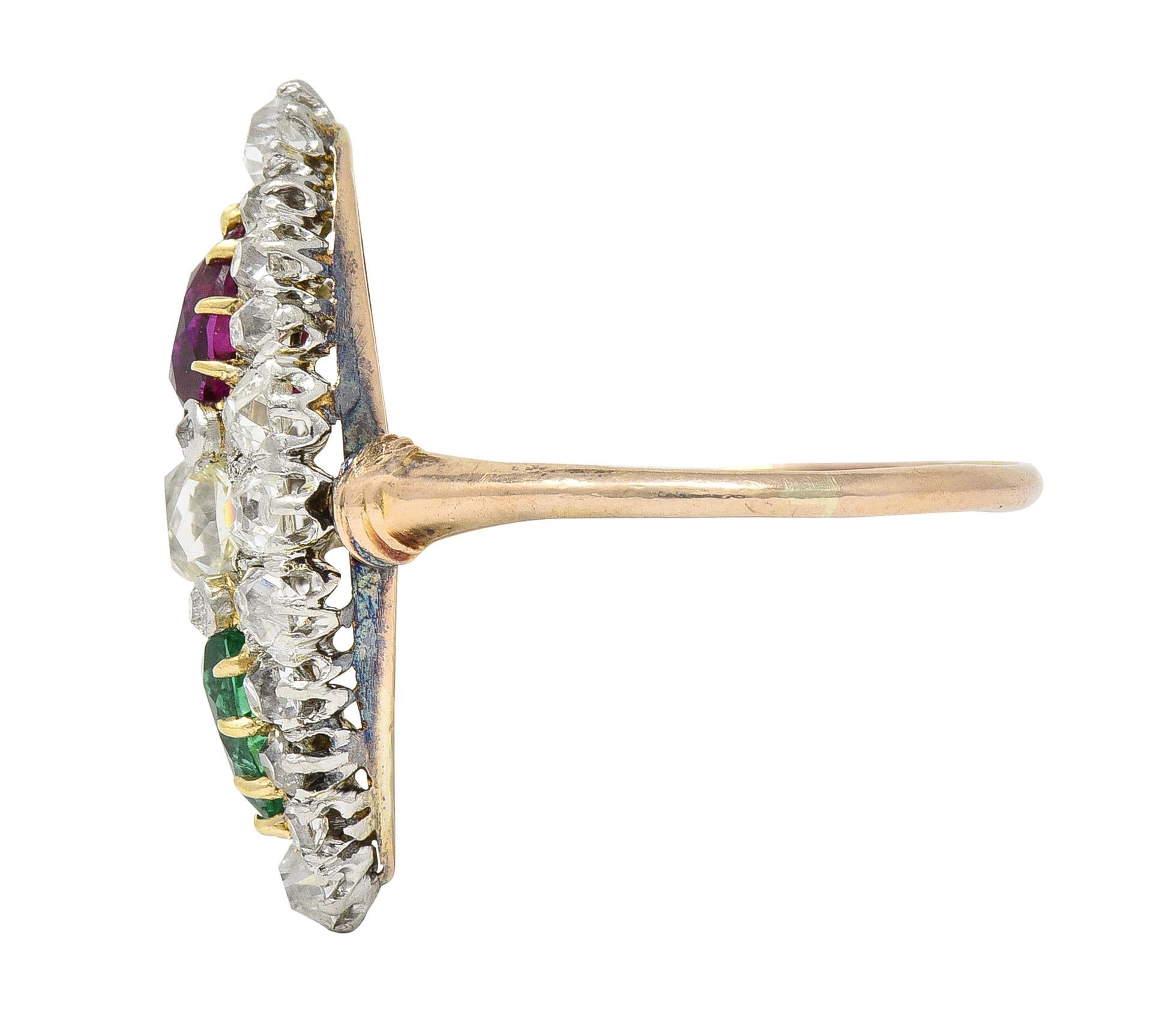 Women's or Men's Victorian 3.10 CTW Ruby Emerald Diamond Platinum 18 Karat Rose Gold Navette Ring