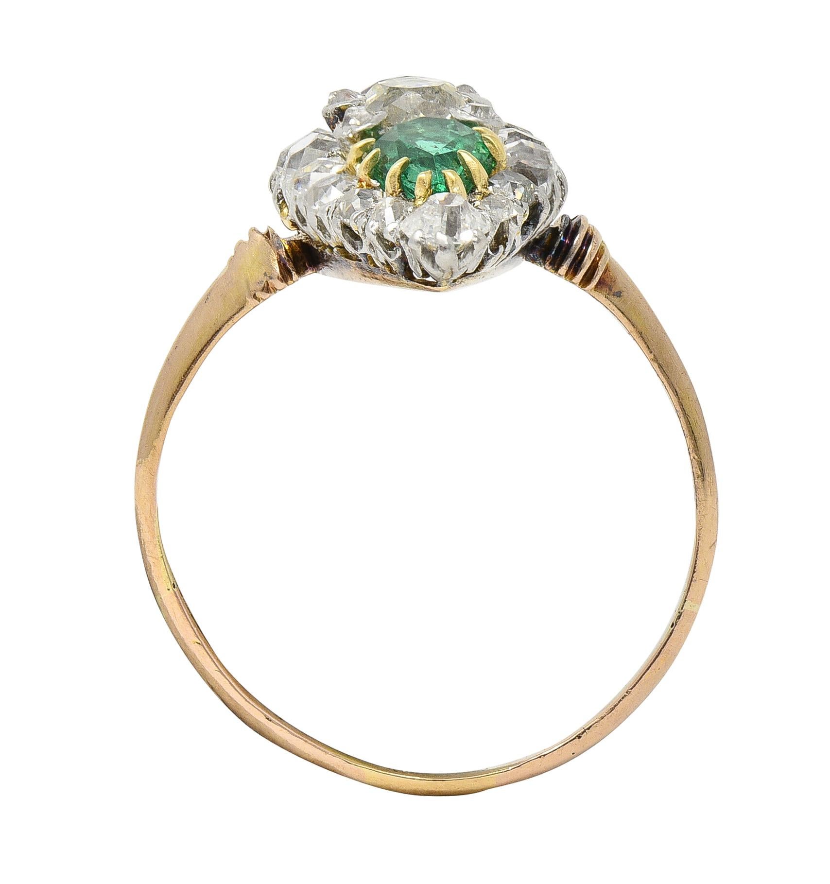 Victorian 3.10 CTW Ruby Emerald Diamond Platinum 18 Karat Rose Gold Navette Ring 3