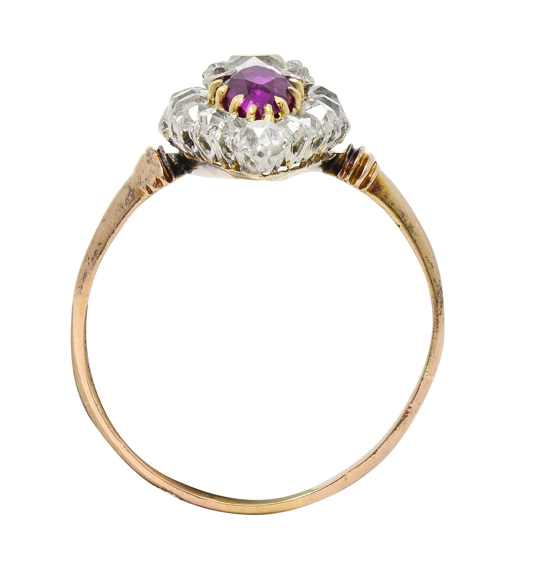 Victorian 3.10 CTW Ruby Emerald Diamond Platinum 18 Karat Rose Gold Navette Ring 4