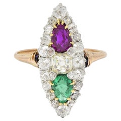 Victorian 3.10 CTW Ruby Emerald Diamond Platinum 18 Karat Rose Gold Navette Ring