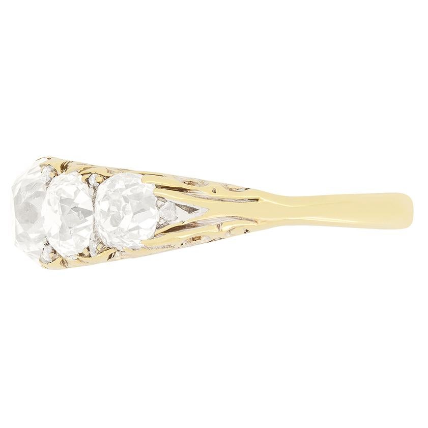 Five stunning old cut diamonds glisten in this beautiful Victorian ring. The largest of the five sits at the centre sitting at 1.30 carat, the flanking pair are 0.50 carat a piece with the end diamonds being 0.40 carat each. Interspersed between the
