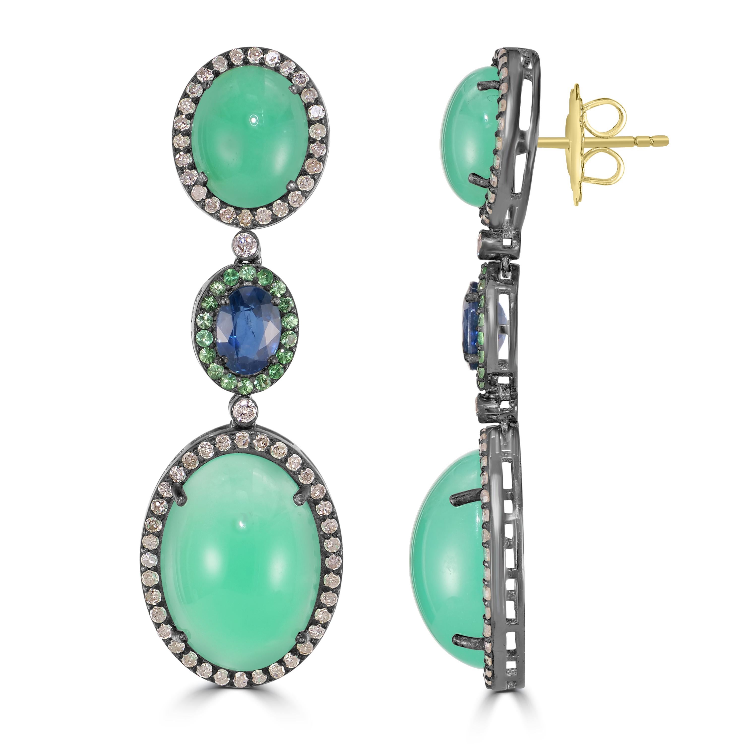 Cabochon Victorian 31.35 Cttw. Chrysoprase, Blue Sapphire, Tsavorite and Diamond Earrings For Sale