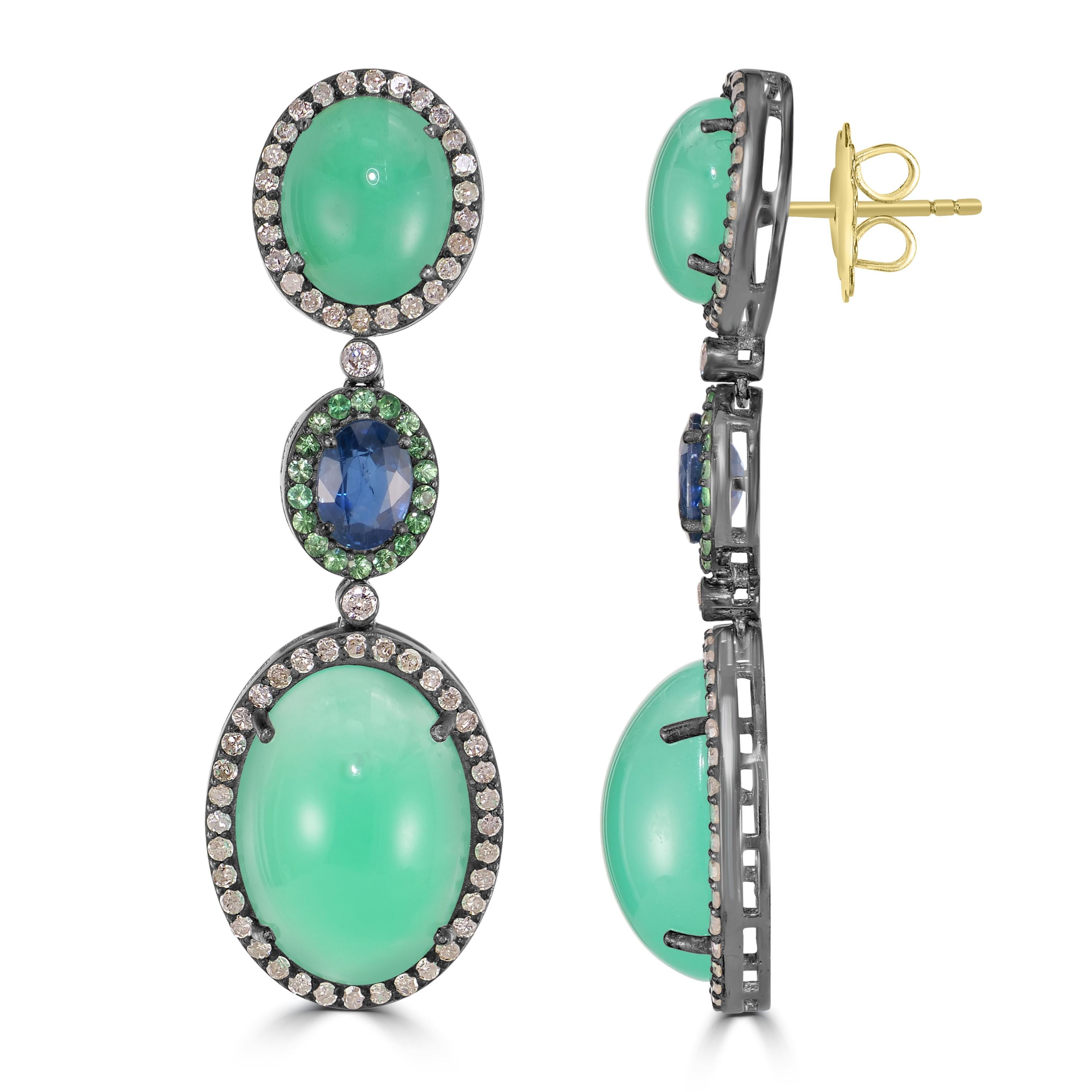 Cabochon Victorian 31.35 Cttw. Chrysoprase/Blue Sapphire, Tsavorite/Diamond Earrings For Sale