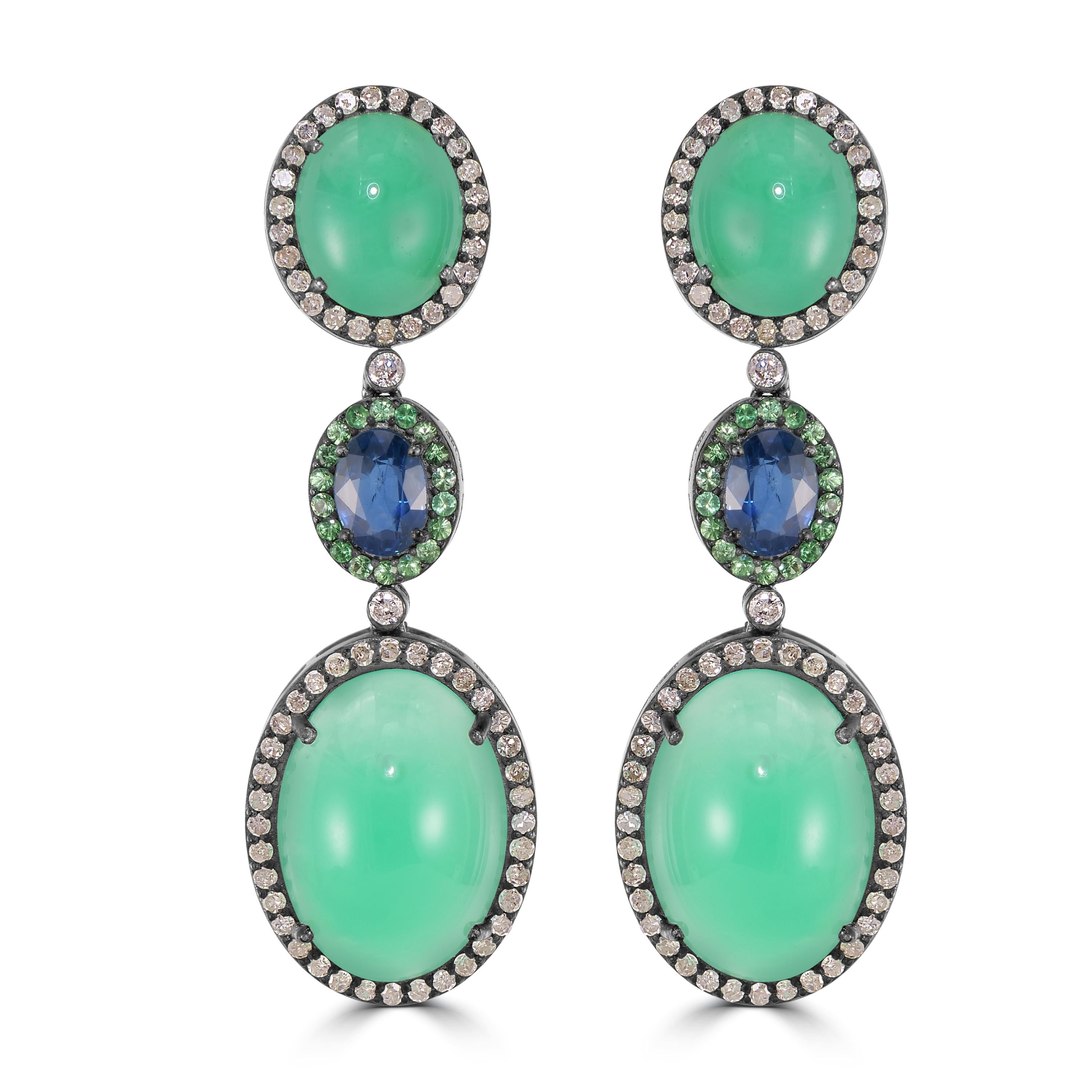 Victorian 31.35 Cttw. Chrysoprase, Blue Sapphire, Tsavorite and Diamond Earrings In New Condition For Sale In New York, NY