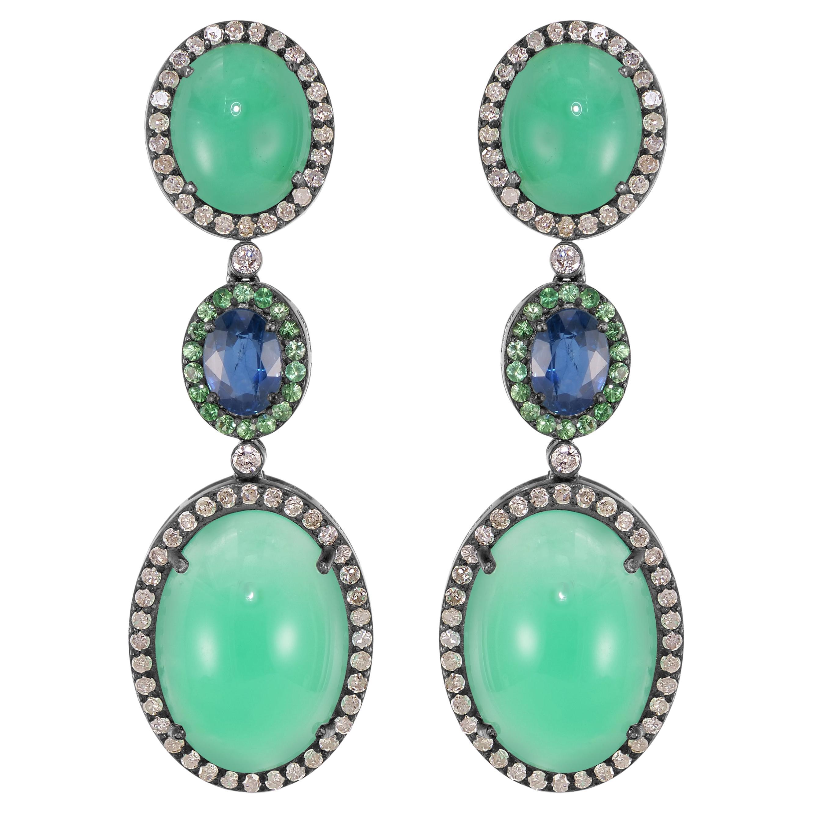 Victorian 31.35 Cttw. Chrysoprase, Blue Sapphire, Tsavorite and Diamond Earrings