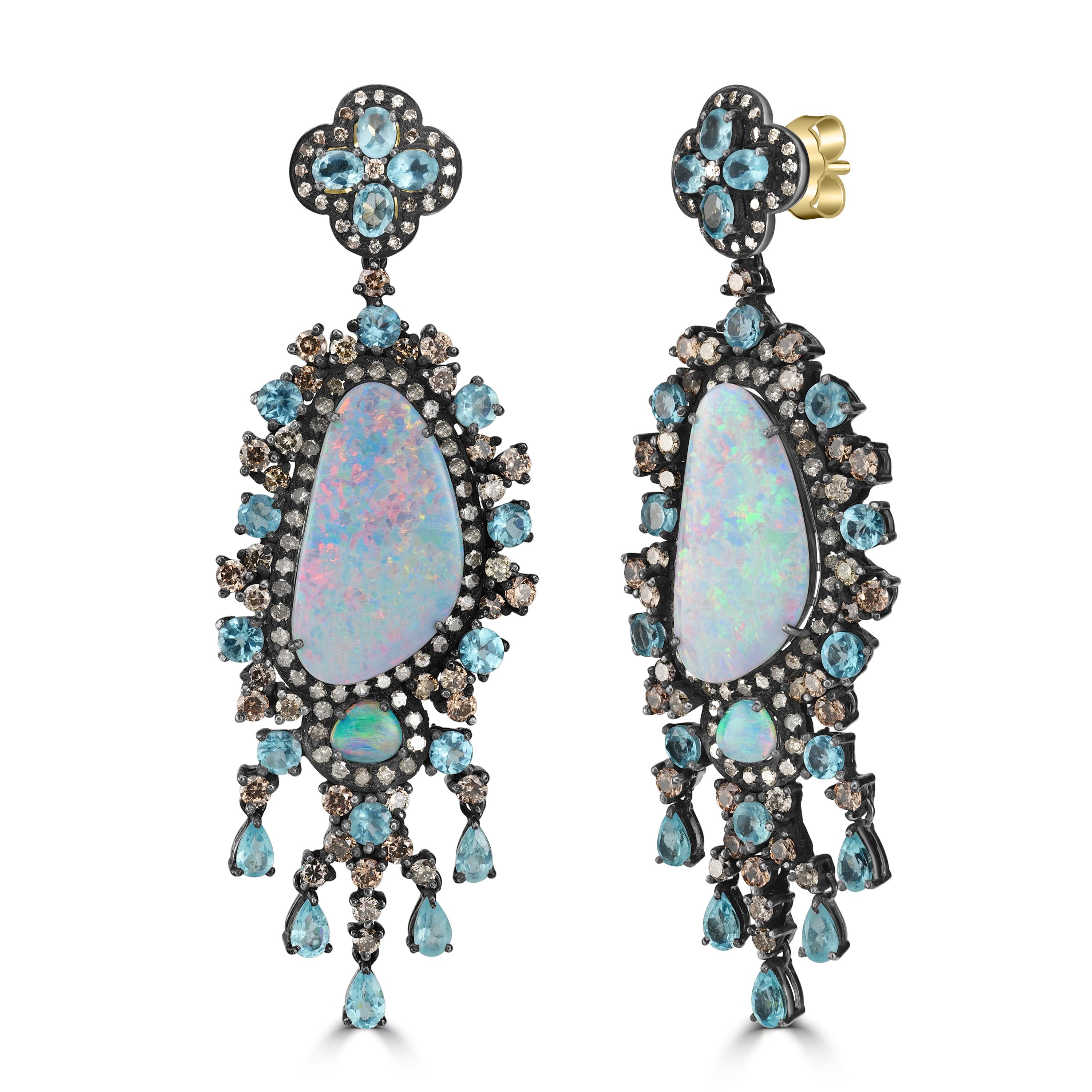 Introducing the Victorian 32 Cttw. Blue Opal, Apatite, C.Z., and Diamond Chandelier Earrings, a stunning blend of timeless elegance and contemporary flair. These earrings are a true testament to the artistry and craftsmanship that defines Victorian