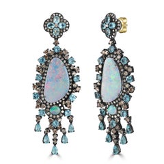 Victorian 32 Cttw. Blue Opal, Apatite, C.Z and Diamond Chandelier Earrings