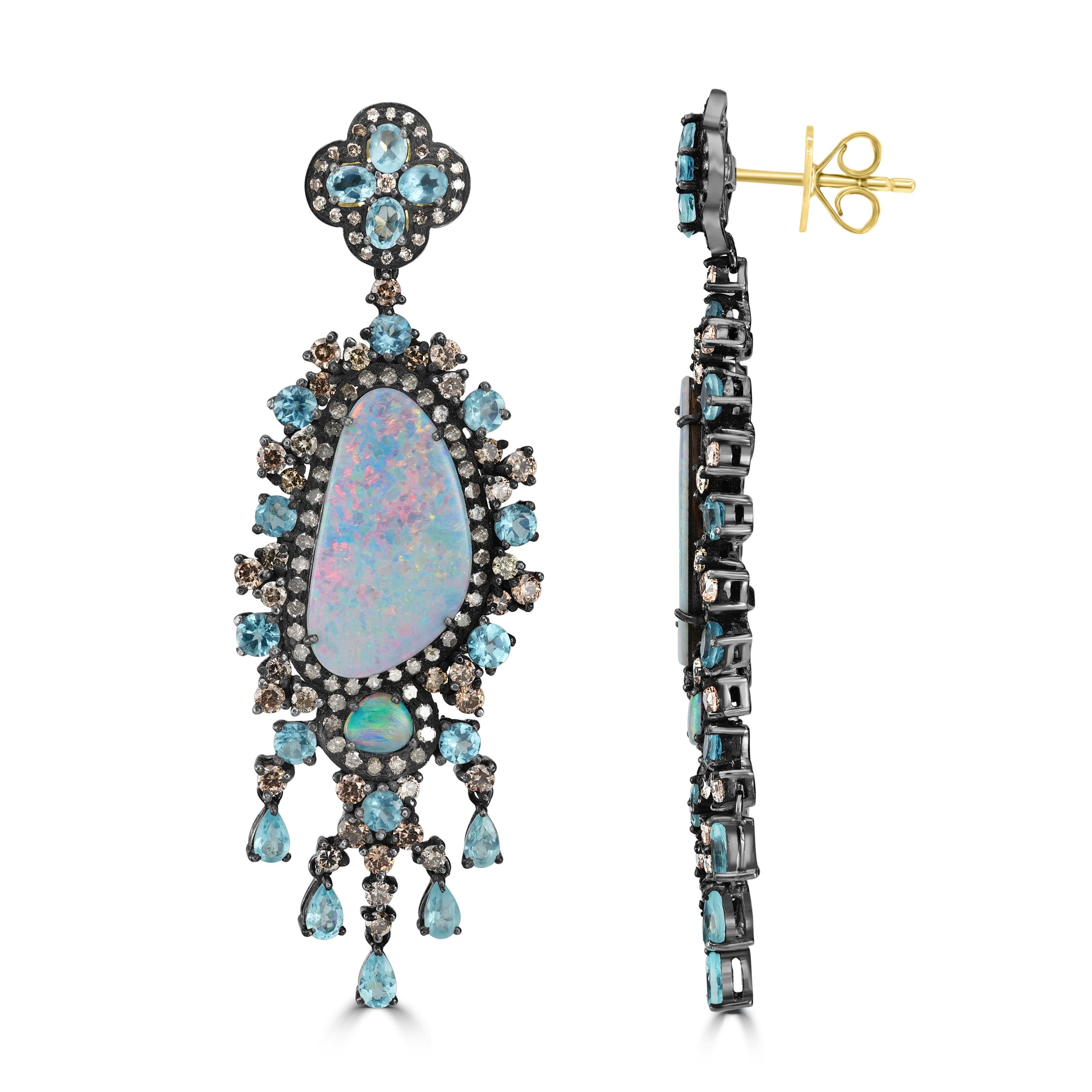 Cabochon Victorian 32 Cttw. Blue Opal, Apatite, C.Z and Diamond Chandelier Earrings  For Sale