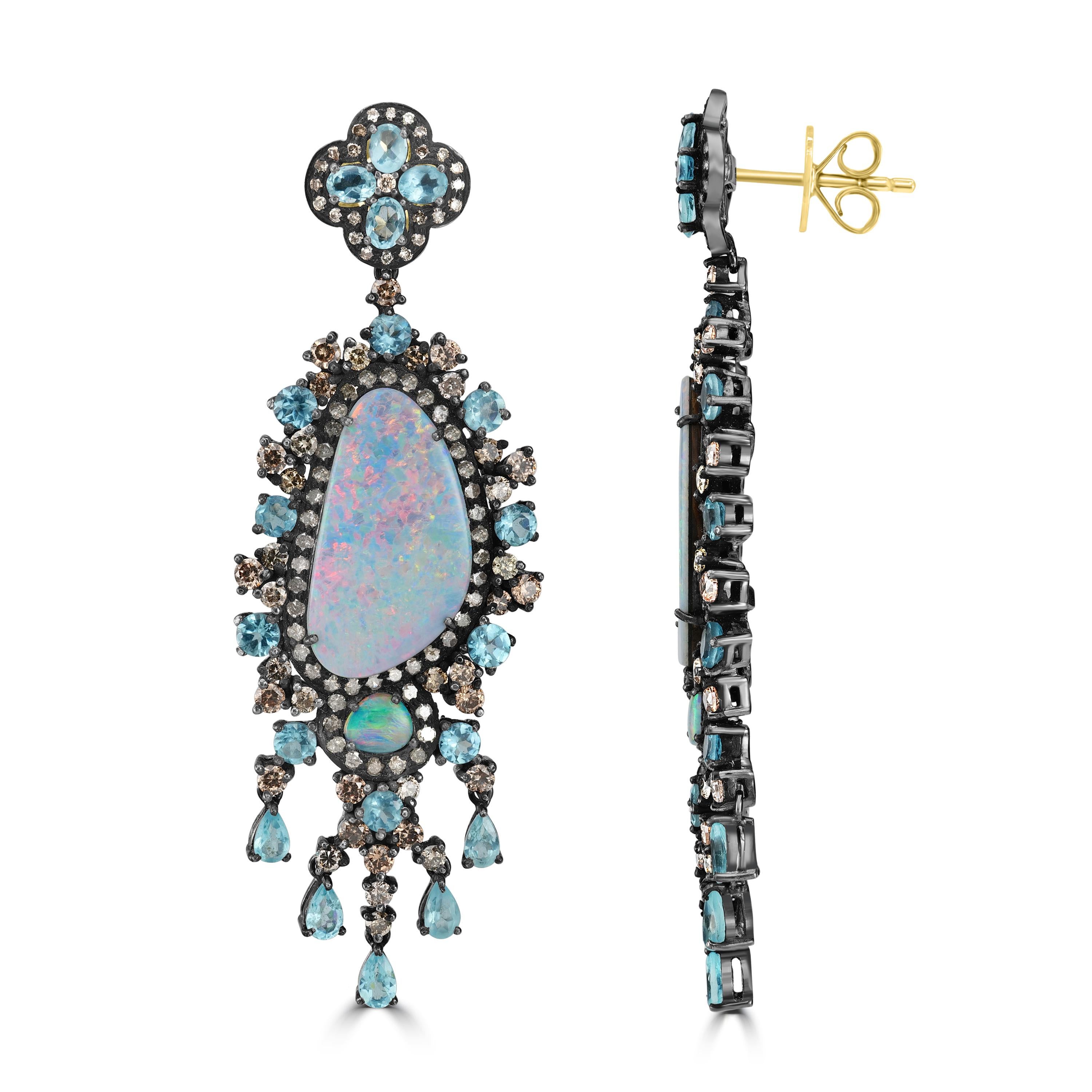 Cabochon Victorian 32 Cttw. Blue Opal, Apatite, C.Z and Diamond Chandelier Earrings For Sale