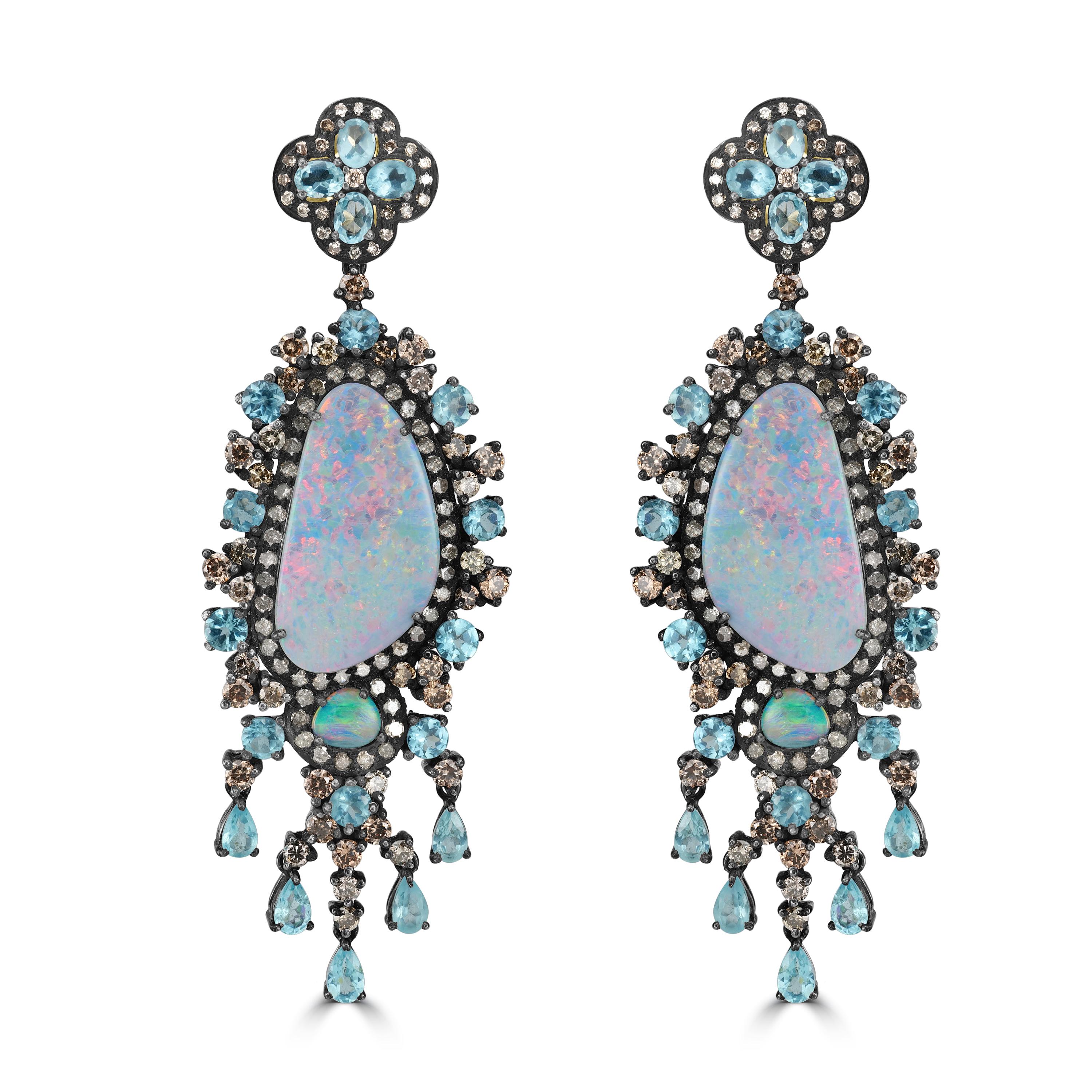 Victorian 32 Cttw. Blue Opal, Apatite, C.Z and Diamond Chandelier Earrings  In New Condition For Sale In New York, NY