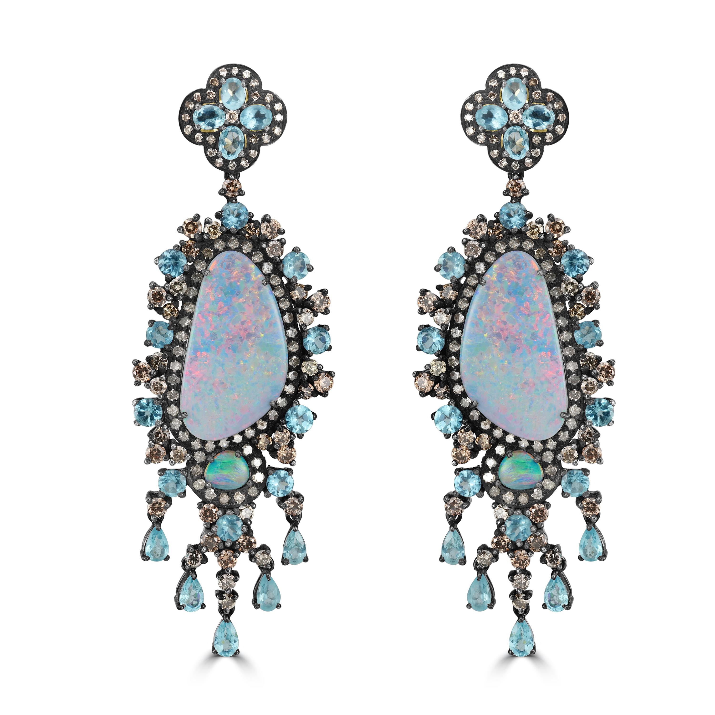 Victorian 32 Cttw. Blue Opal, Apatite, C.Z and Diamond Chandelier Earrings In New Condition For Sale In New York, NY
