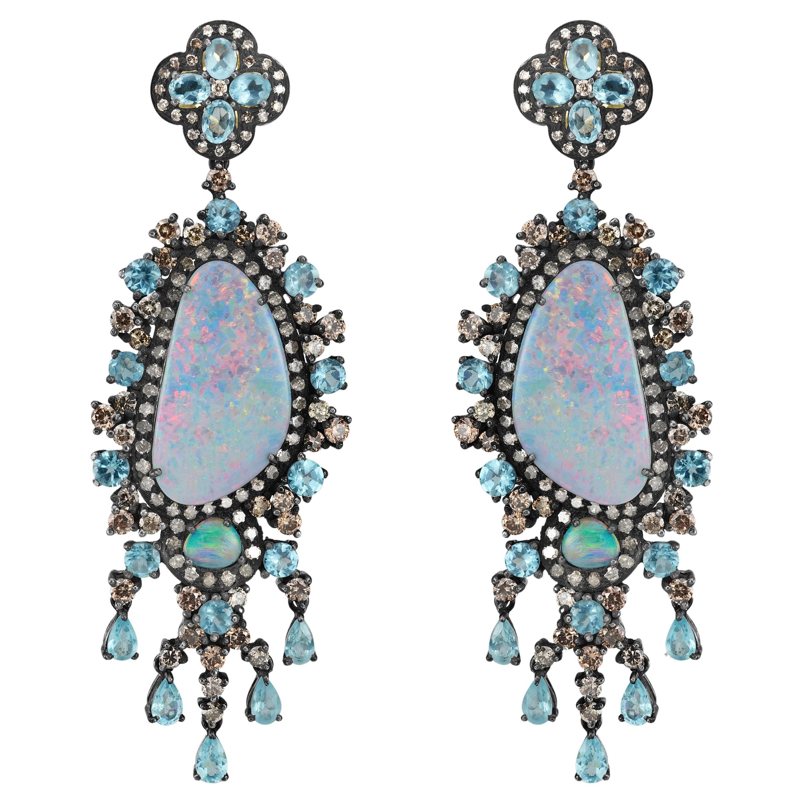 Victorian 32 Cttw. Blue Opal, Apatite, C.Z and Diamond Chandelier Earrings  For Sale