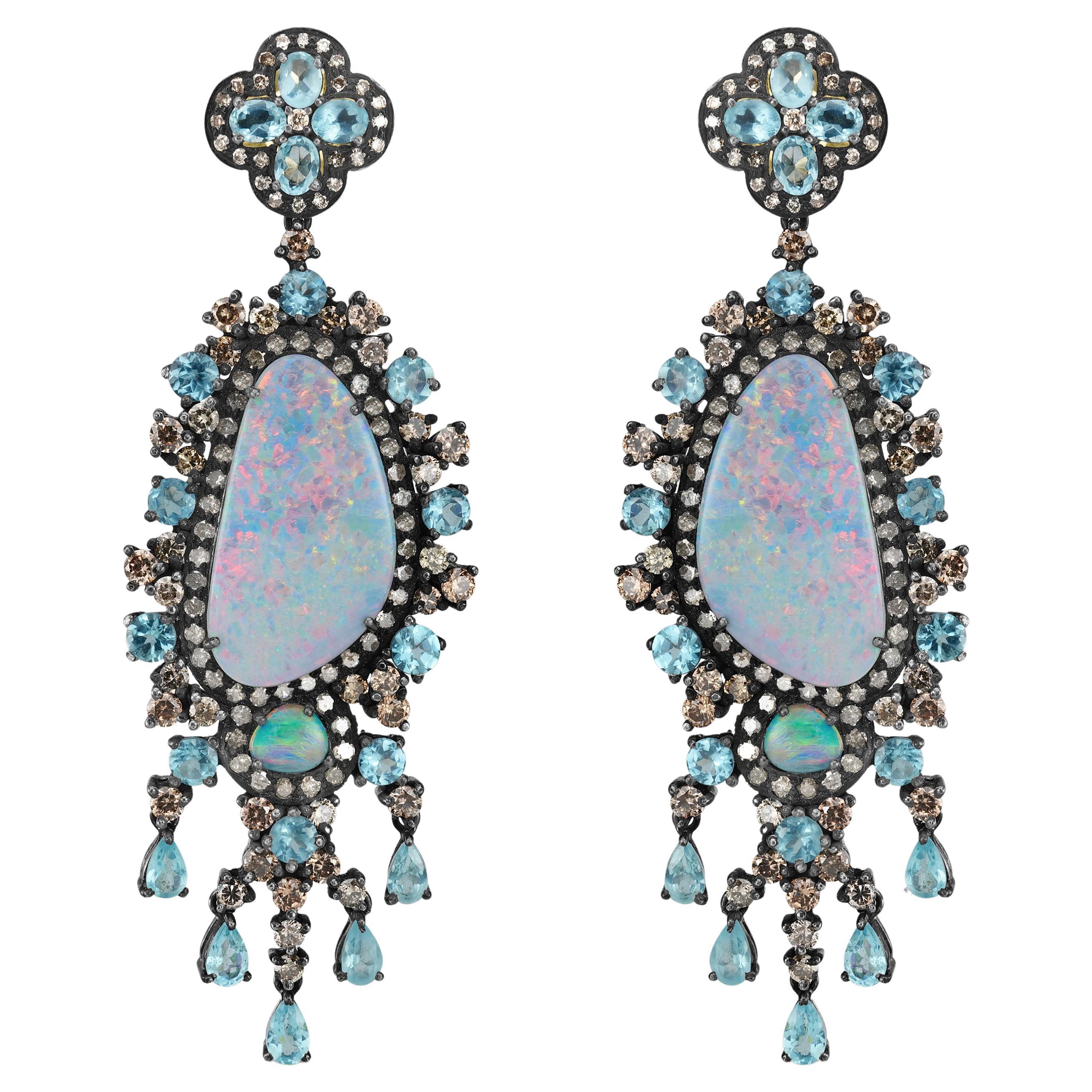 Victorian 32 Cttw. Blue Opal, Apatite, C.Z and Diamond Chandelier Earrings