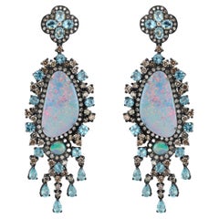 Victorian 32 Cttw. Blue Opal, Apatite, C.Z and Diamond Chandelier Earrings 