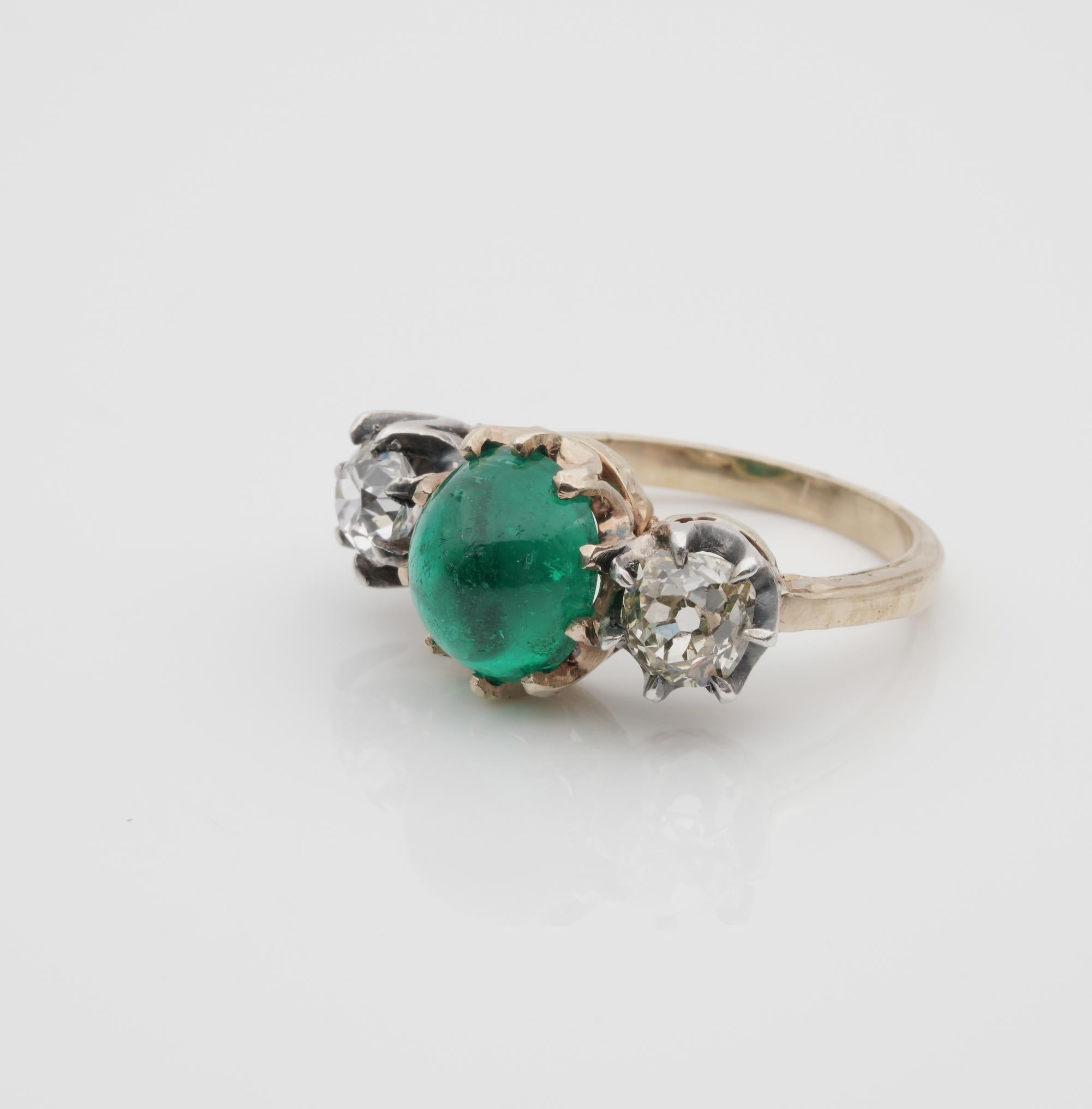 Women's or Men's Victorian 3.20 Carat Colombian Emerald 1.45 Carat Diamond Rare Trilogy Ring For Sale