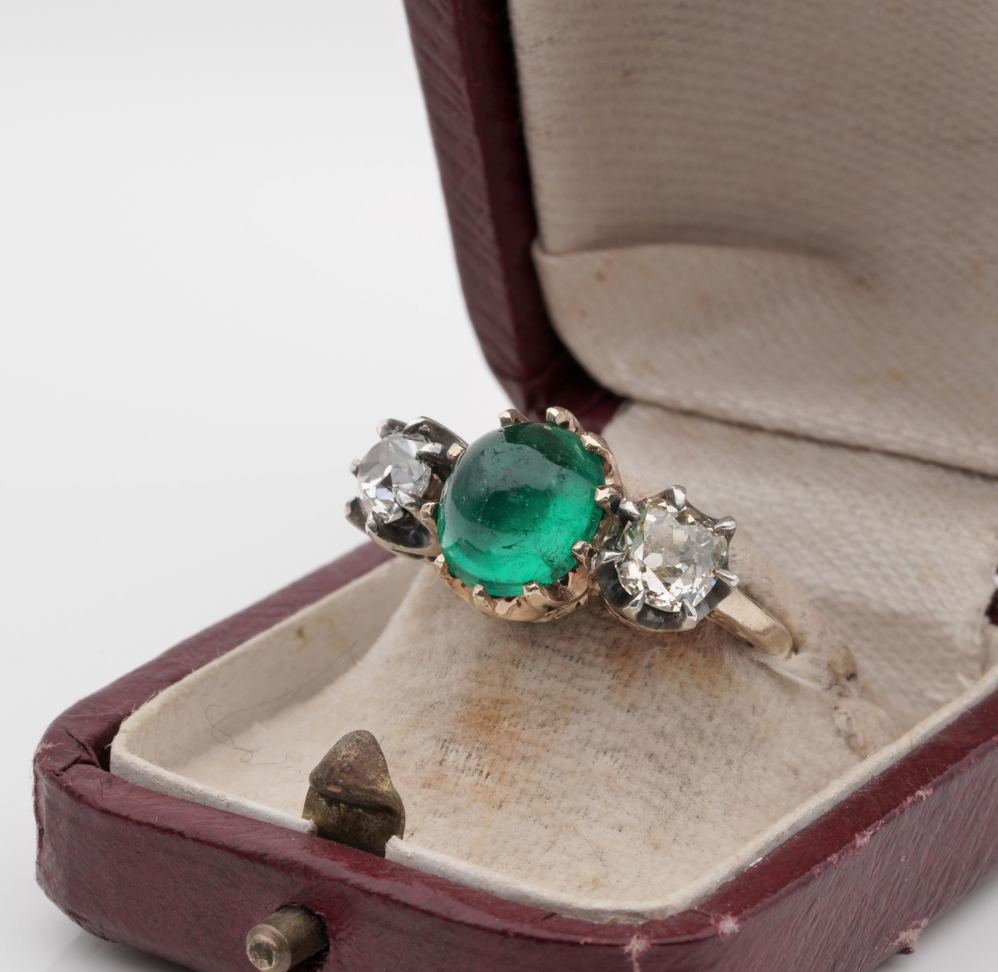 Victorian 3.20 Carat Colombian Emerald 1.45 Carat Diamond Rare Trilogy Ring For Sale 1