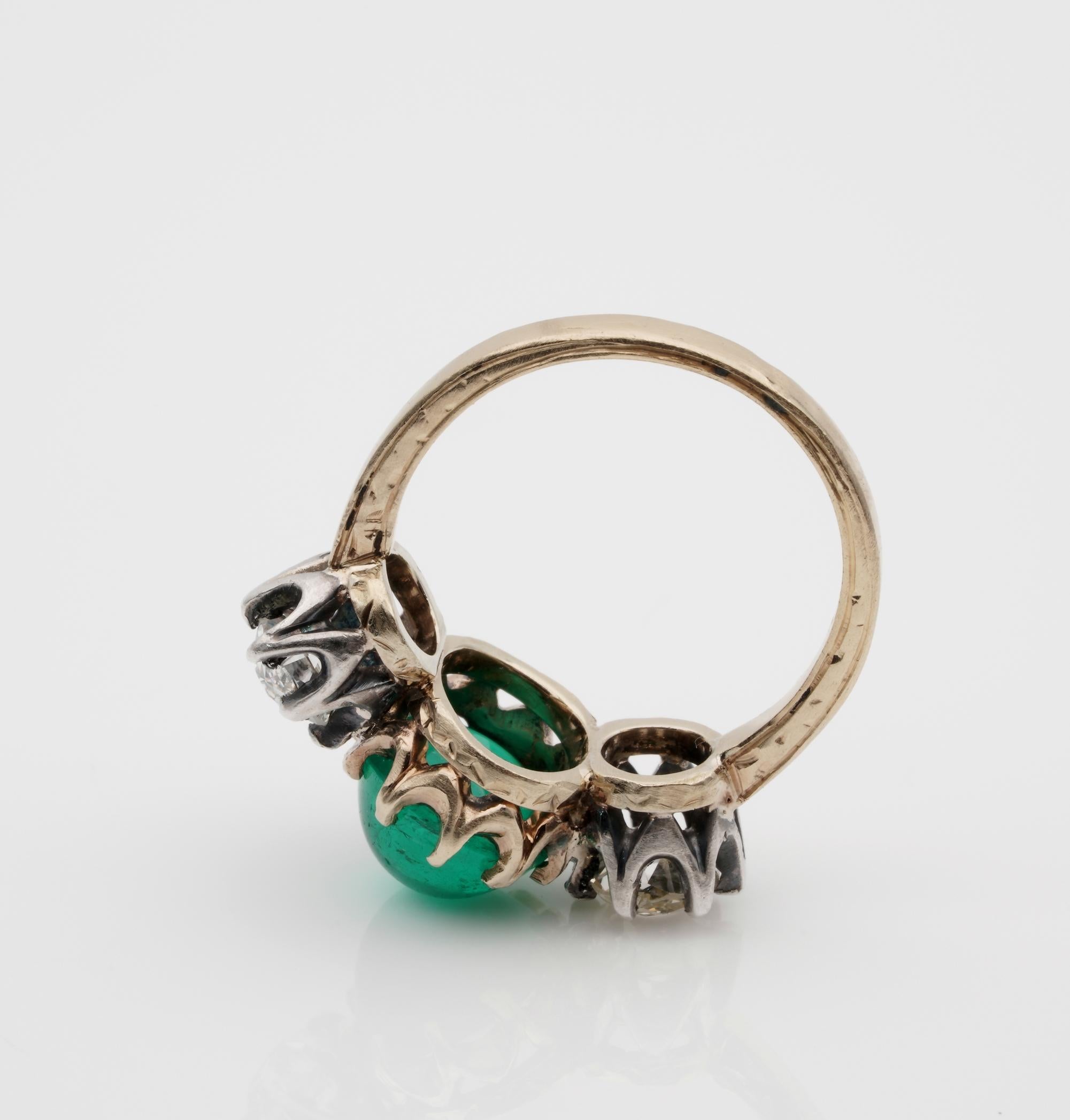Victorian 3.20 Carat Colombian Emerald 1.45 Carat Diamond Rare Trilogy Ring For Sale 2