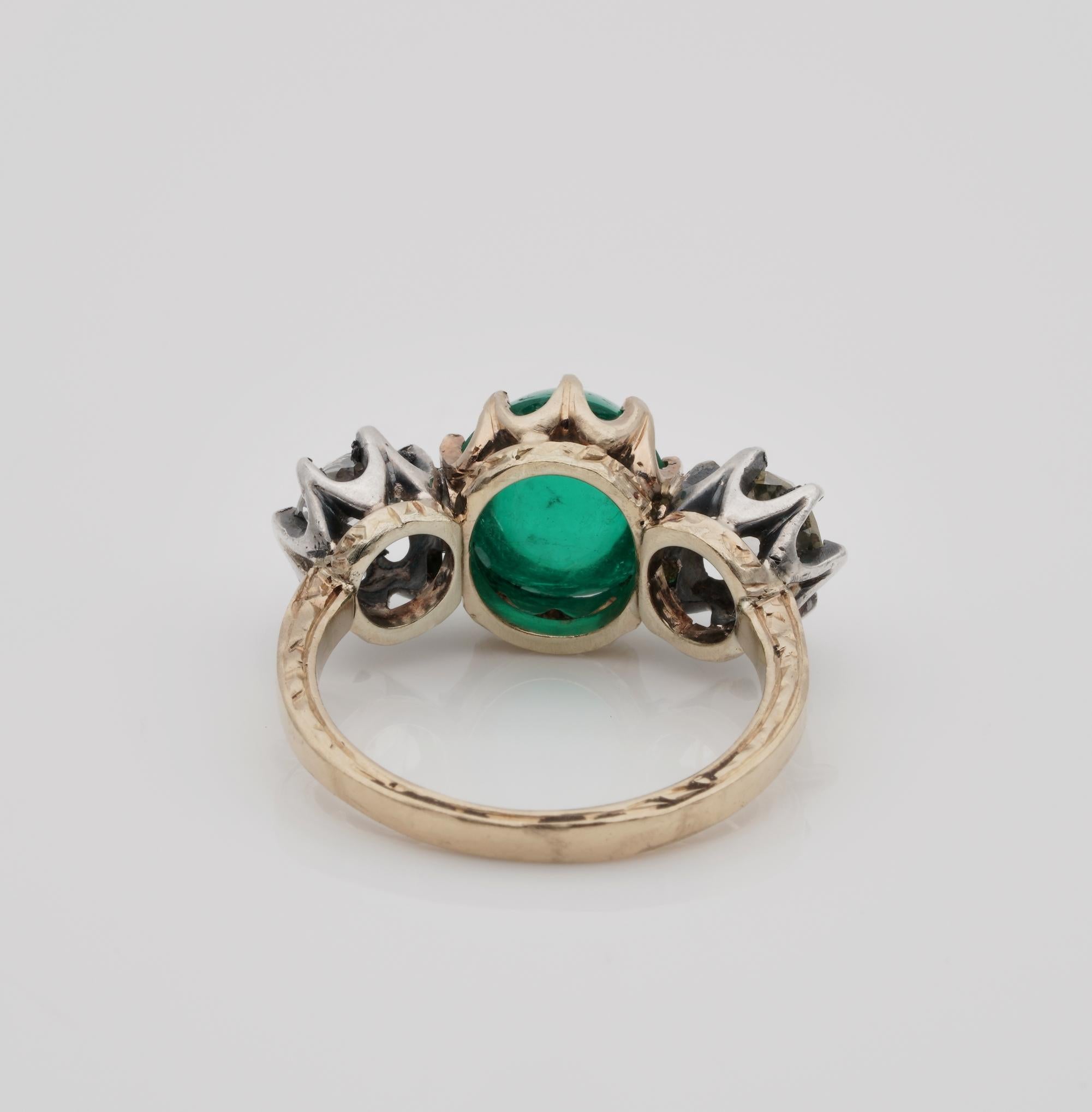 Victorian 3.20 Carat Colombian Emerald 1.45 Carat Diamond Rare Trilogy Ring For Sale 3