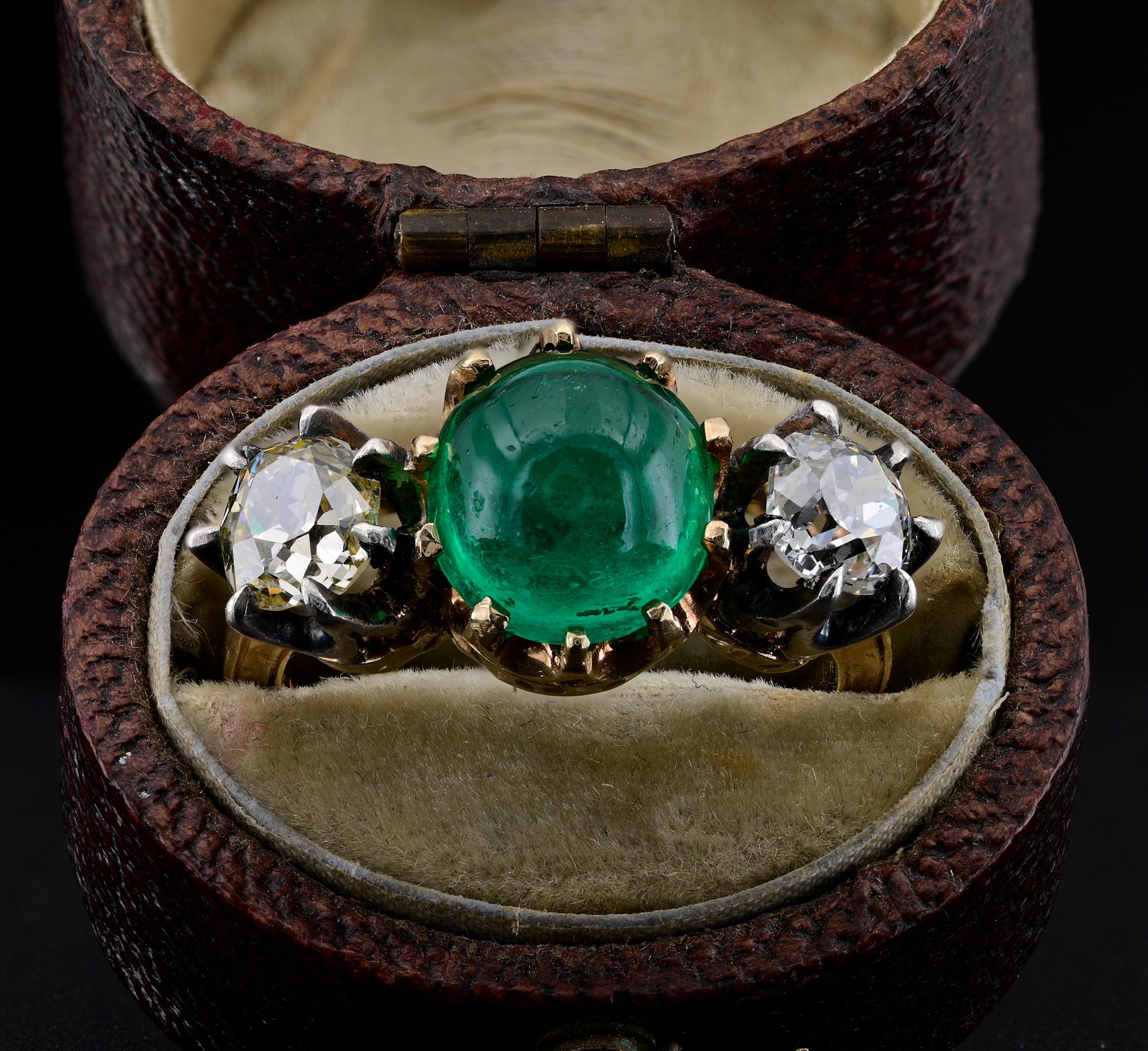 This outstanding Victorian ring is 1890 ca
Skillfully hand crafted of solid 18 Kt gold with little silver portions for the Diamonds claws
The ring is of simply trilogy facing up with a trio of Diamond and Emerald and pretty carving details running