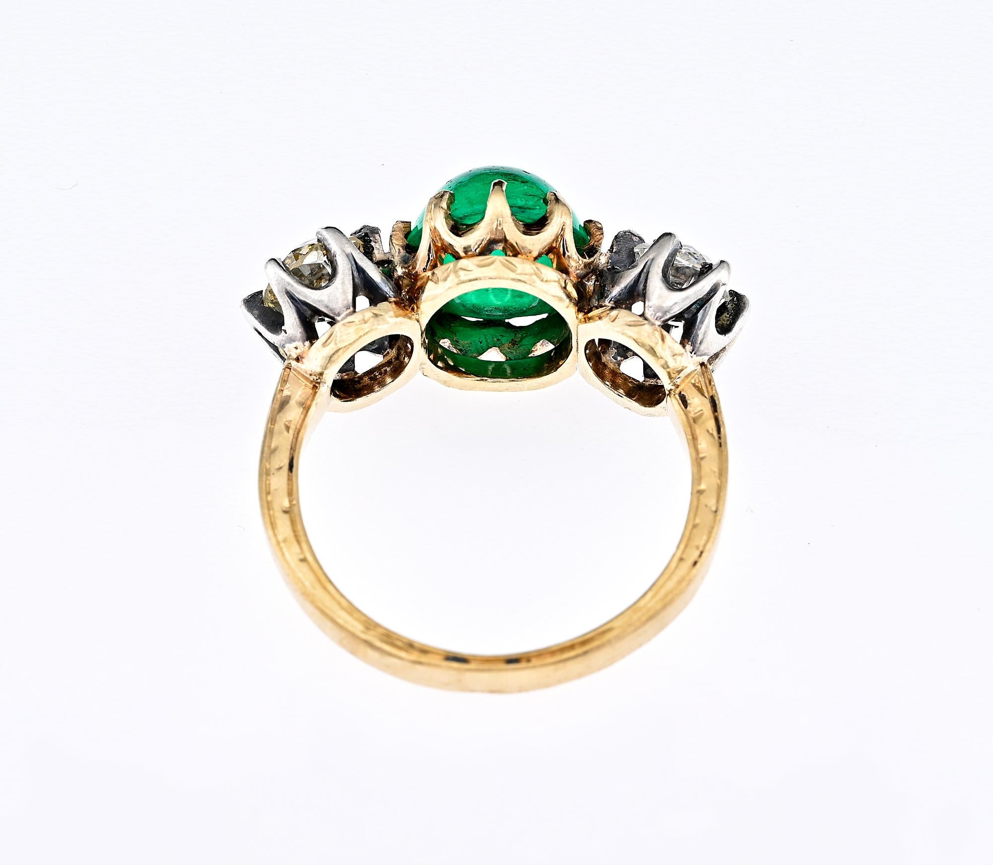 Victorian 3.20 Ct Colombian Emerald 1.45 Ct Diamond Trinity 18 KT Ring For Sale 2