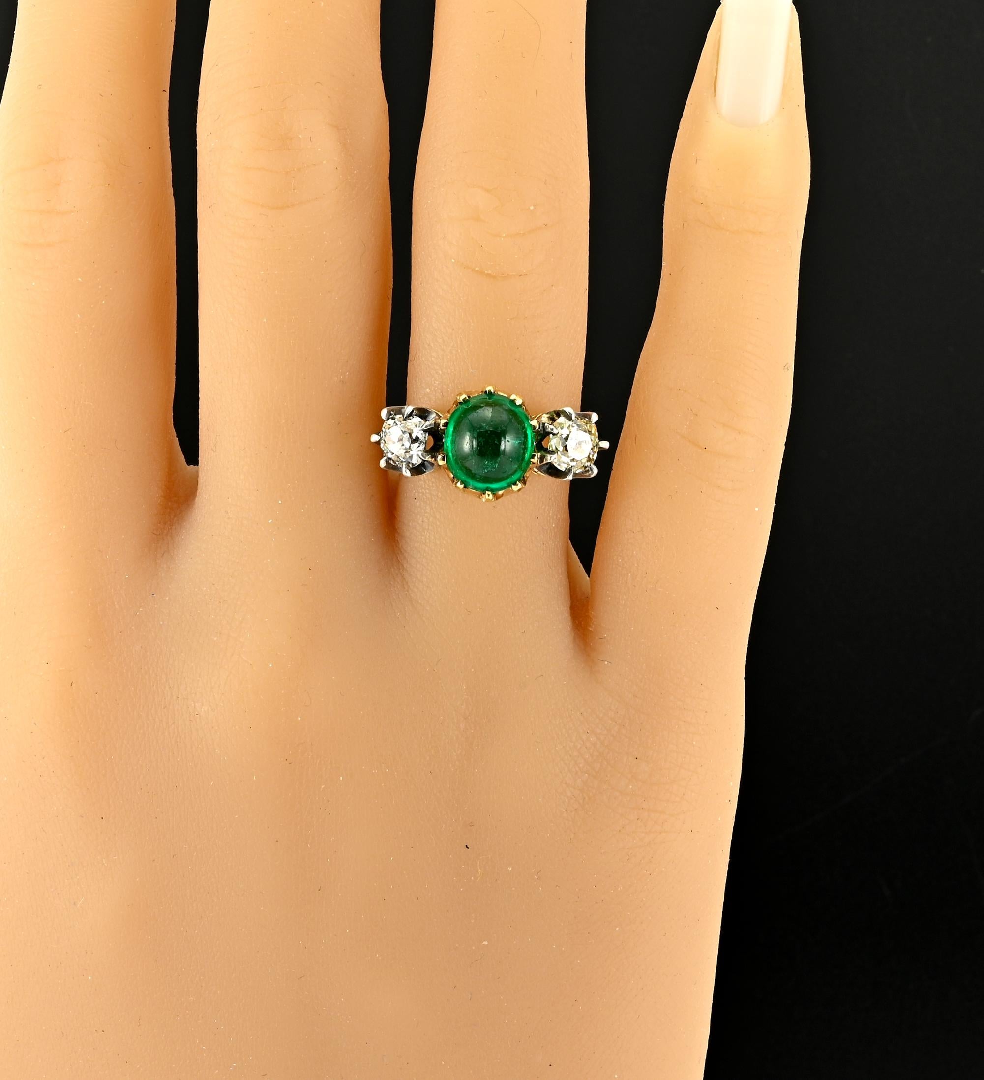 Victorian 3.20 Ct Colombian Emerald 1.45 Ct Diamond Trinity 18 KT Ring For Sale 3