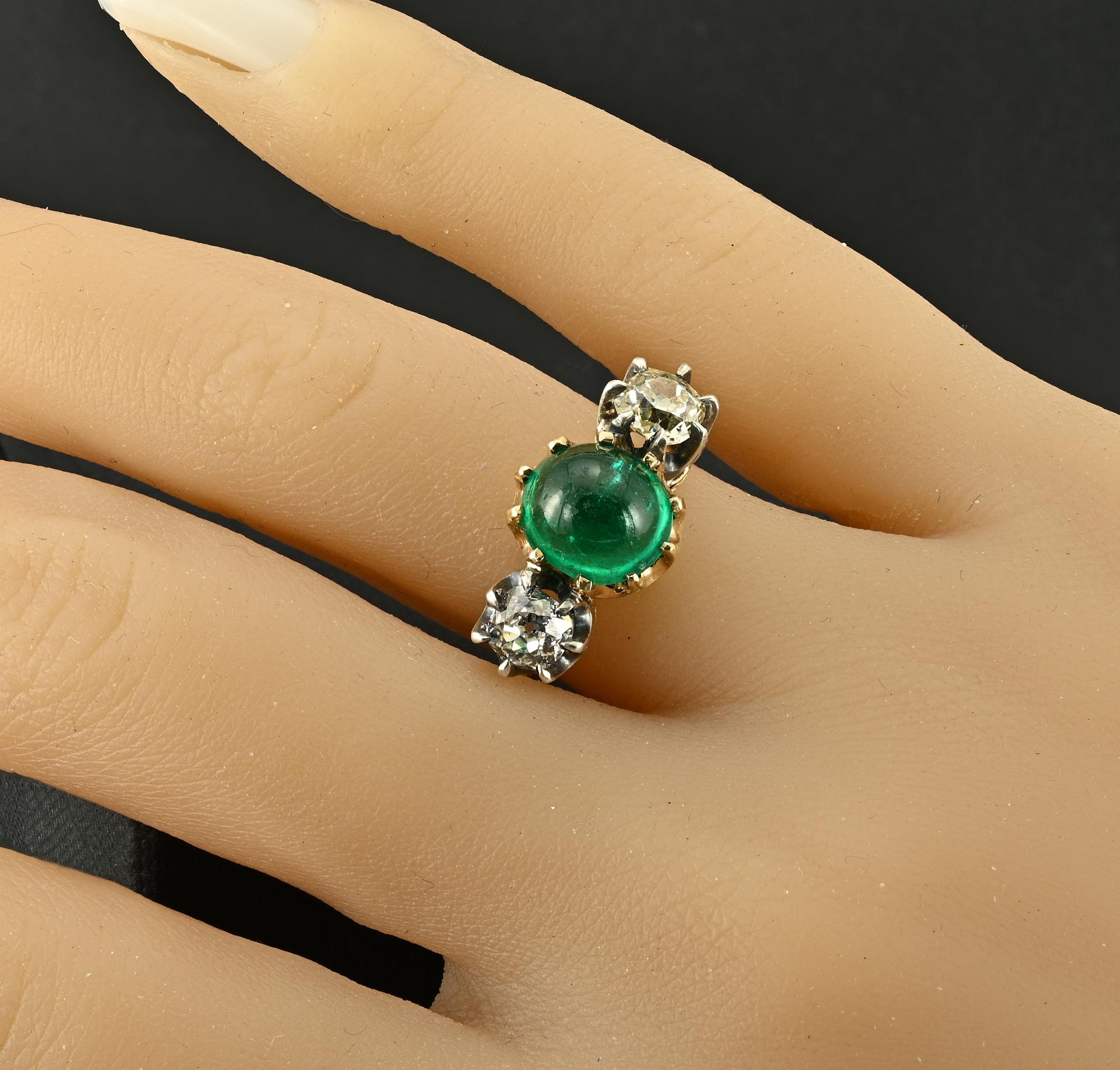 Victorian 3.20 Ct Colombian Emerald 1.45 Ct Diamond Trinity 18 KT Ring For Sale 4