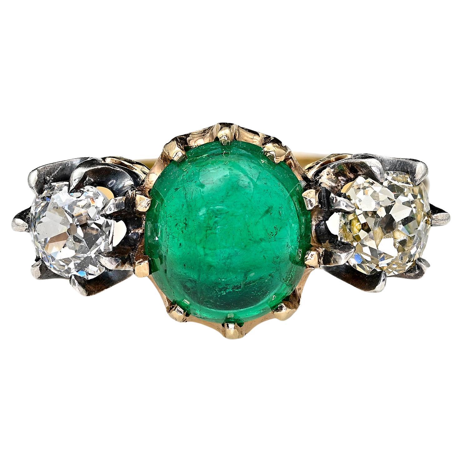 Victorian 3.20 Ct Colombian Emerald 1.45 Ct Diamond Trinity 18 KT Ring For Sale