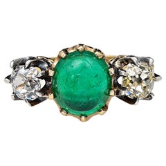 Victorian 3.20 Ct Colombian Emerald 1.45 Ct Diamond Trinity 18 KT Ring