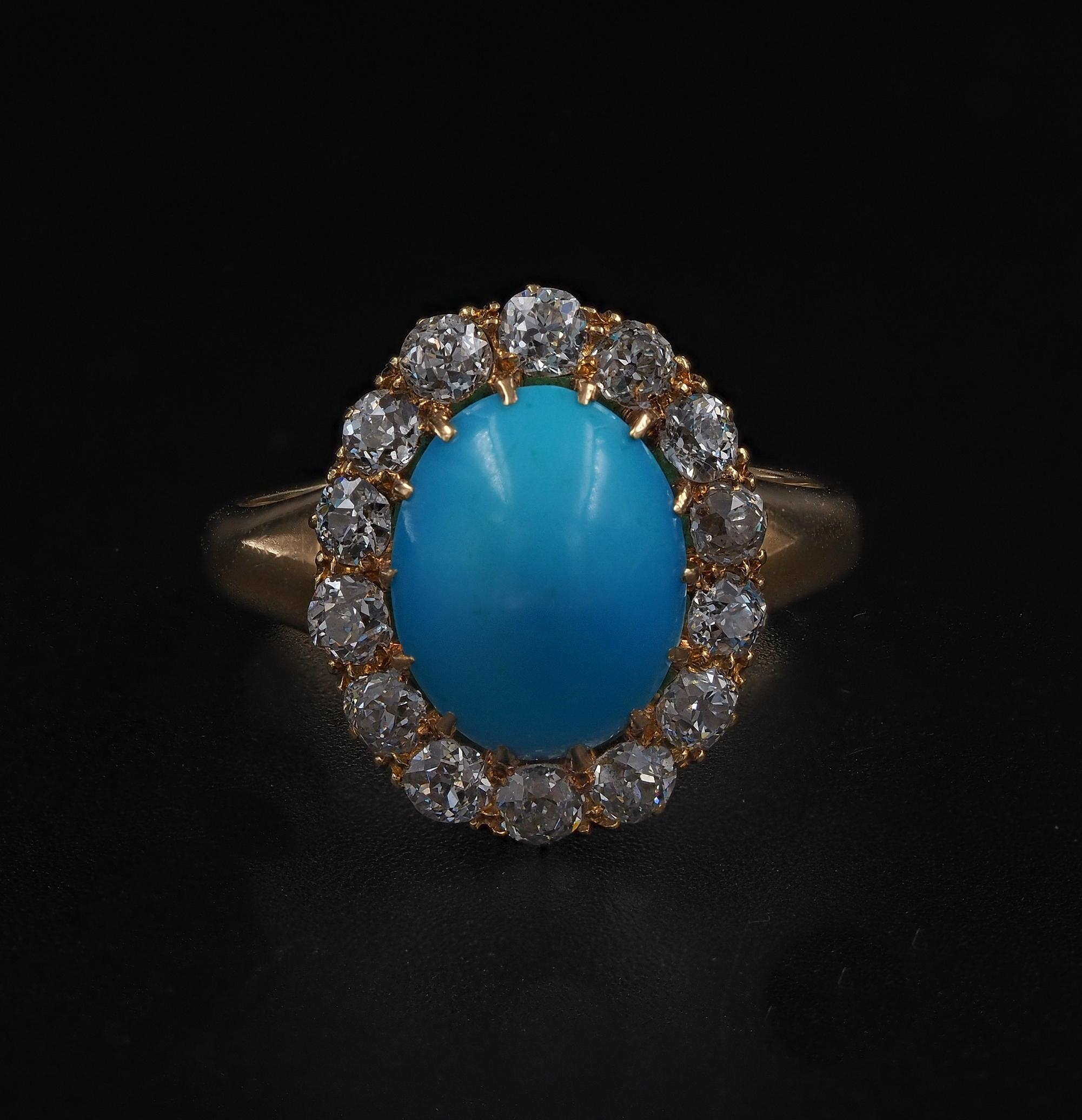 Pretty Victorian Turquoise and Diamond cluster ring, 1880 ca
Hand crafted of solid 18 KT gold
Fantastic quality of natural Turquoise, even and intense Robin Egg colour,, makes the focal point of this past beauty surrounded by a Diamond