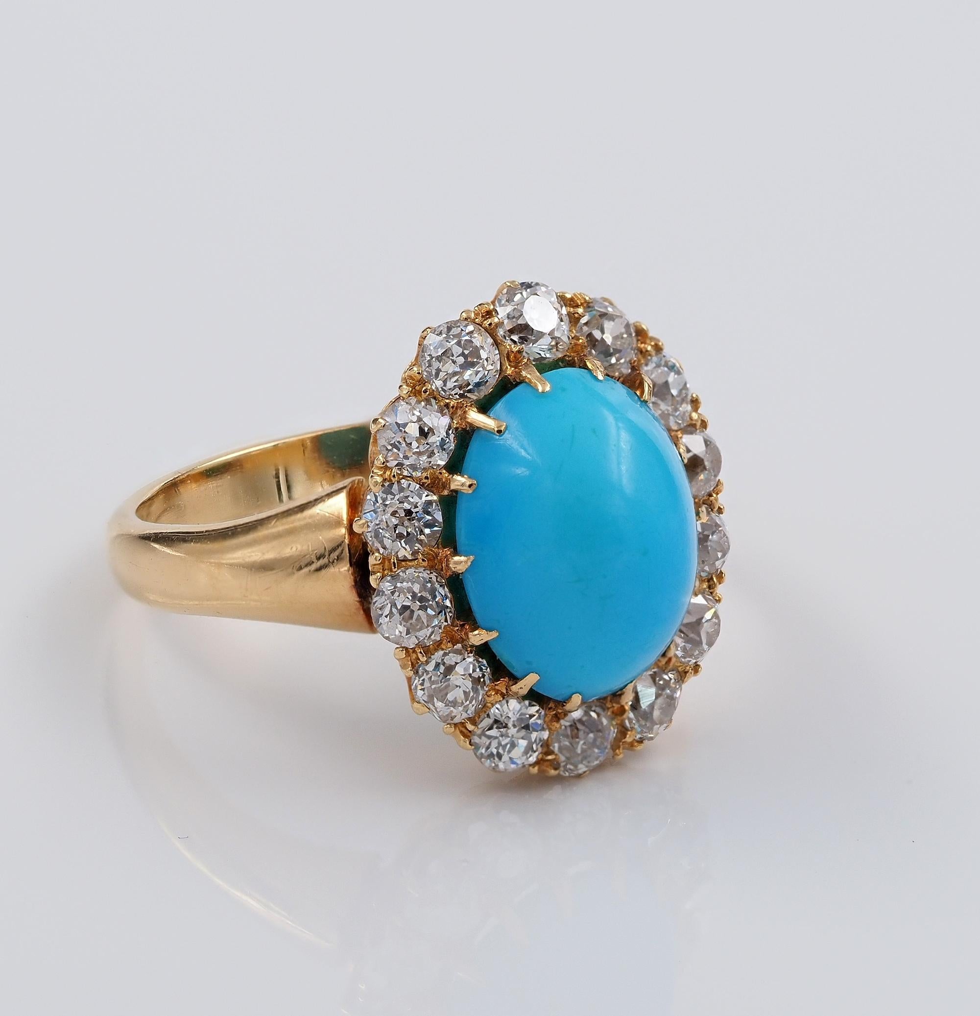 Cabochon Victorian 3.20 Ct Natural Turquoise 1.40 Ct Diamond 18 Kt Ring For Sale