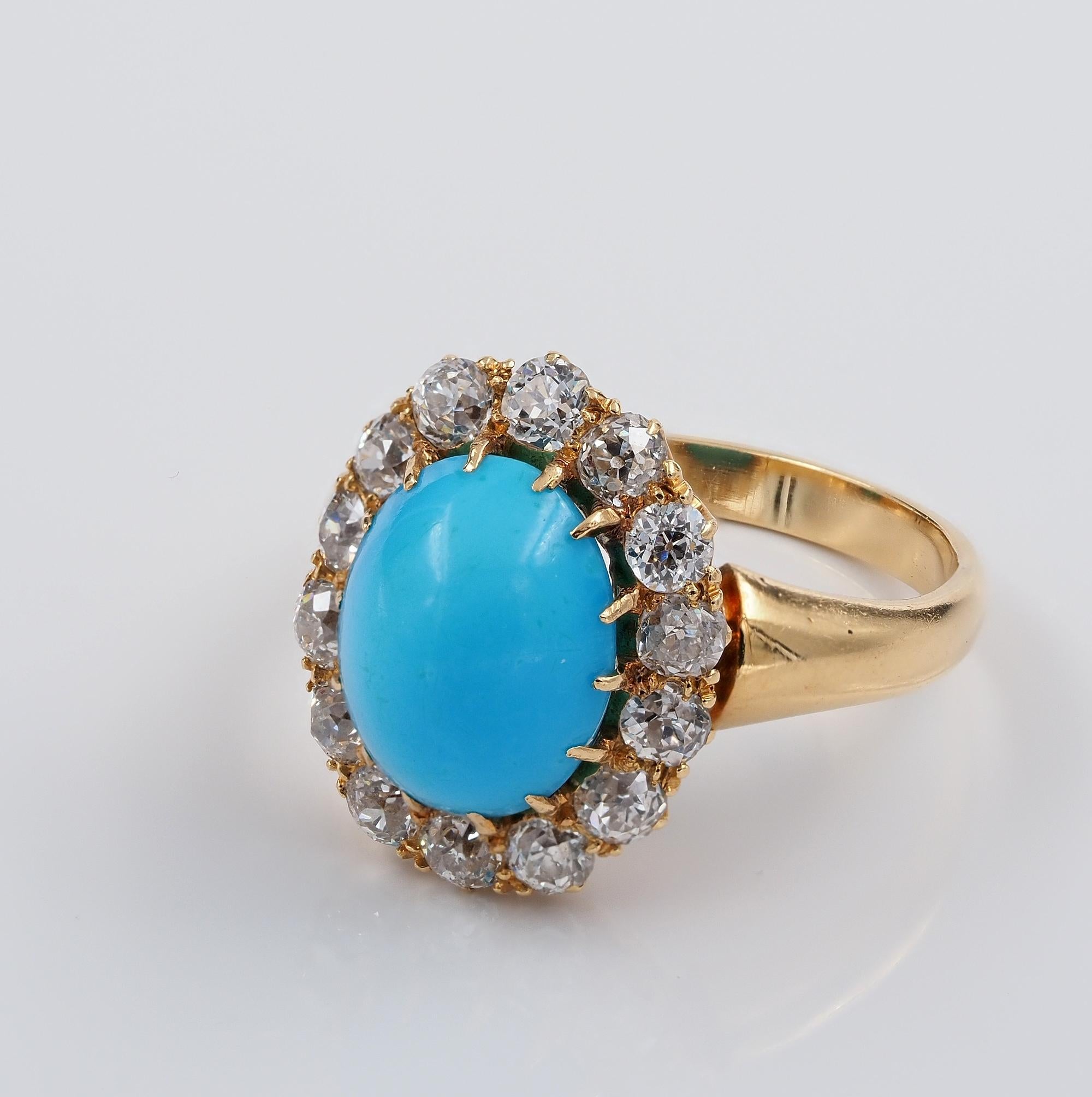 Women's Victorian 3.20 Ct Natural Turquoise 1.40 Ct Diamond 18 Kt Ring For Sale