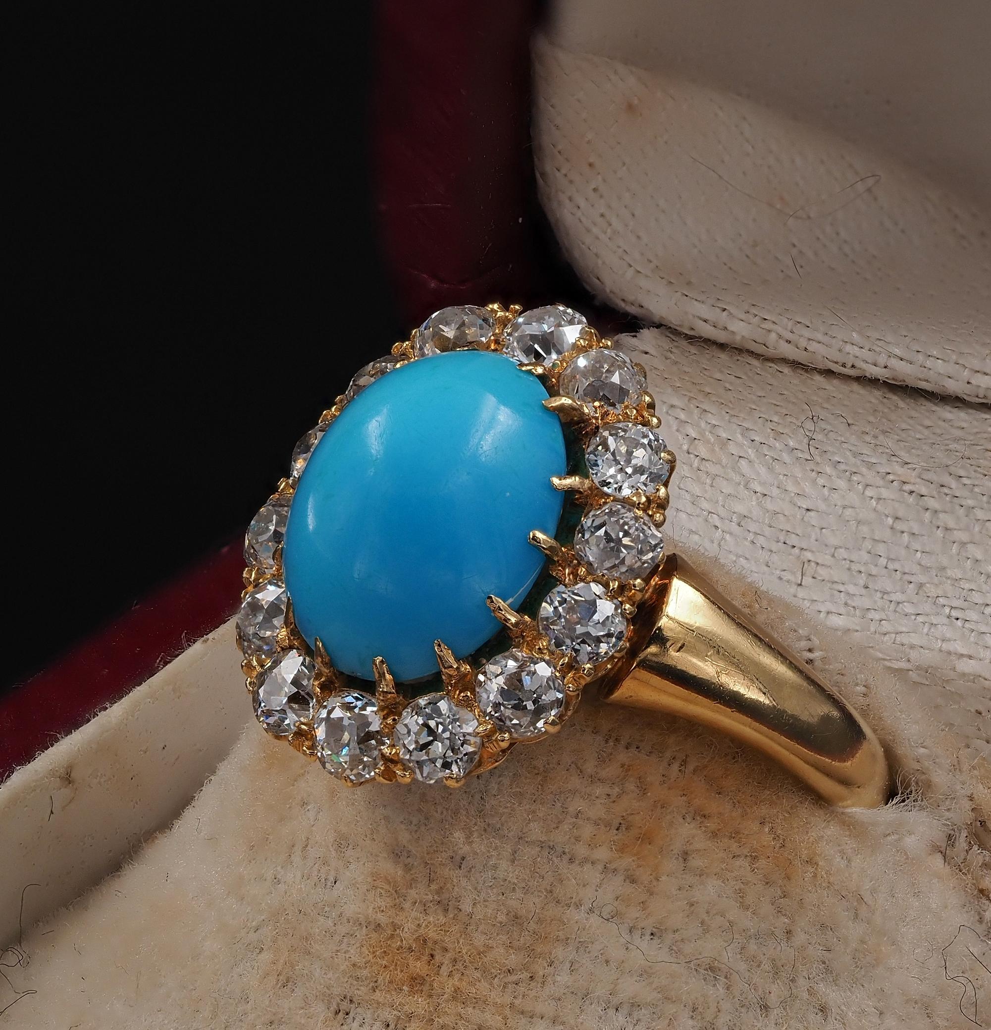 Victorian 3.20 Ct Natural Turquoise 1.40 Ct Diamond 18 Kt Ring For Sale 1