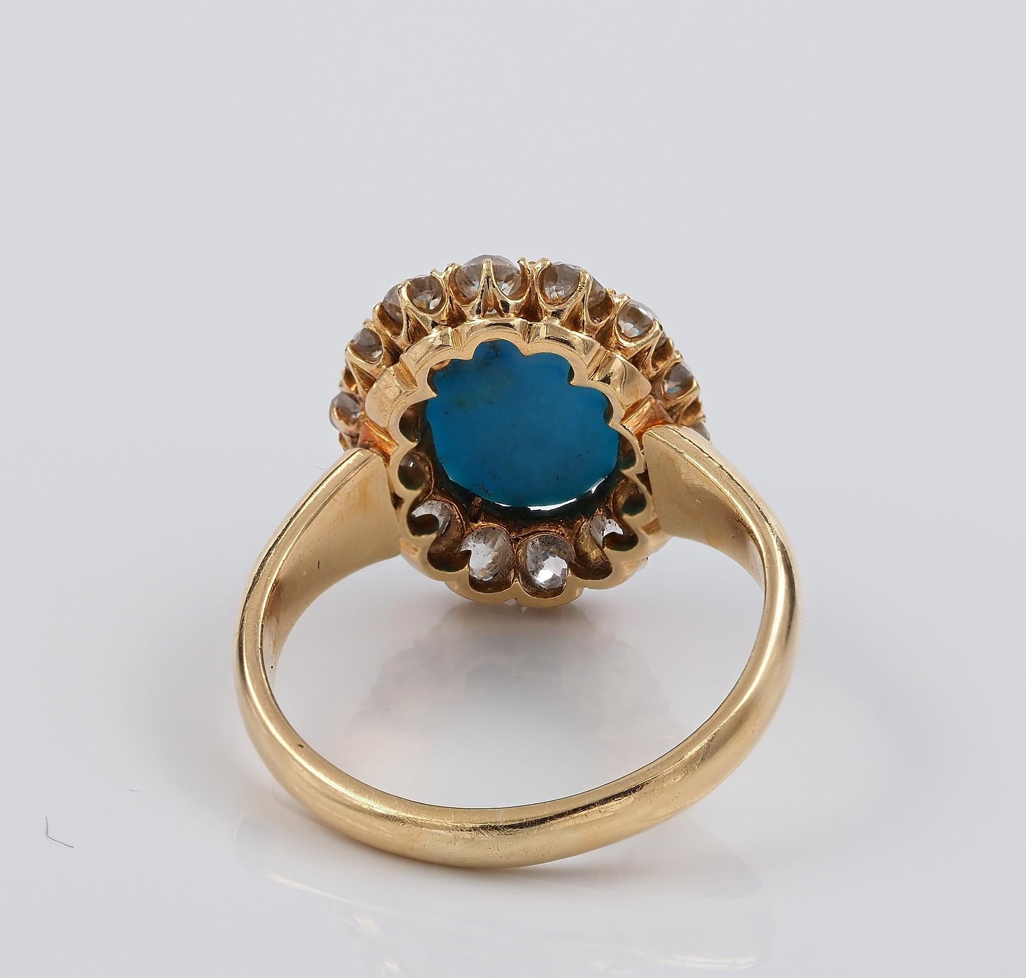 Victorian 3.20 Ct Natural Turquoise 1.40 Ct Diamond 18 Kt Ring For Sale 2