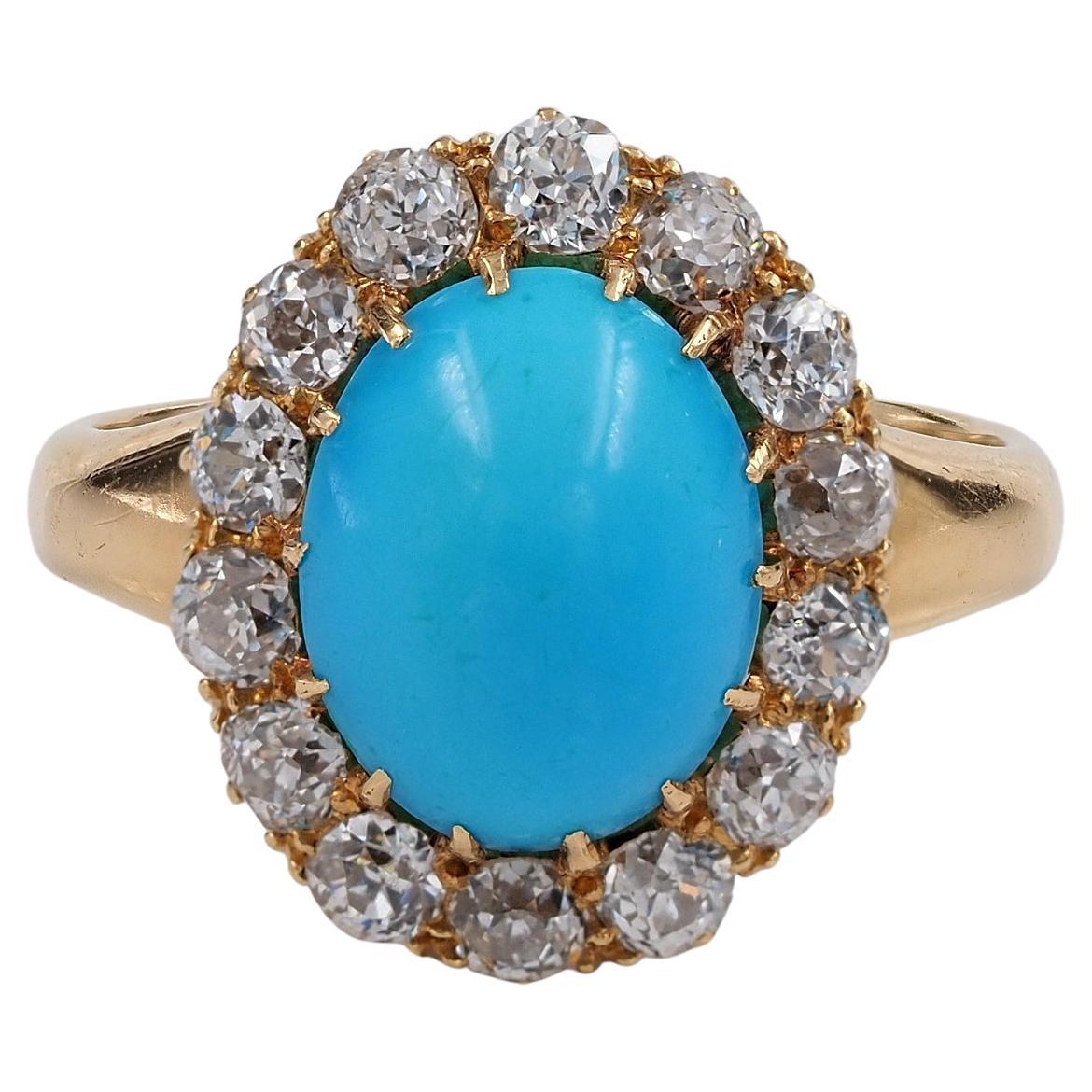 Victorian 3.20 Ct Natural Turquoise 1.40 Ct Diamond 18 Kt Ring For Sale