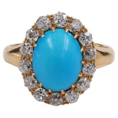 Antique Victorian 3.20 Ct Natural Turquoise 1.40 Ct Diamond 18 Kt Ring