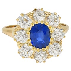 Victorian 3.20 CTW No Heat Burma Sapphire Diamond 14K Gold Antique Halo Ring GIA