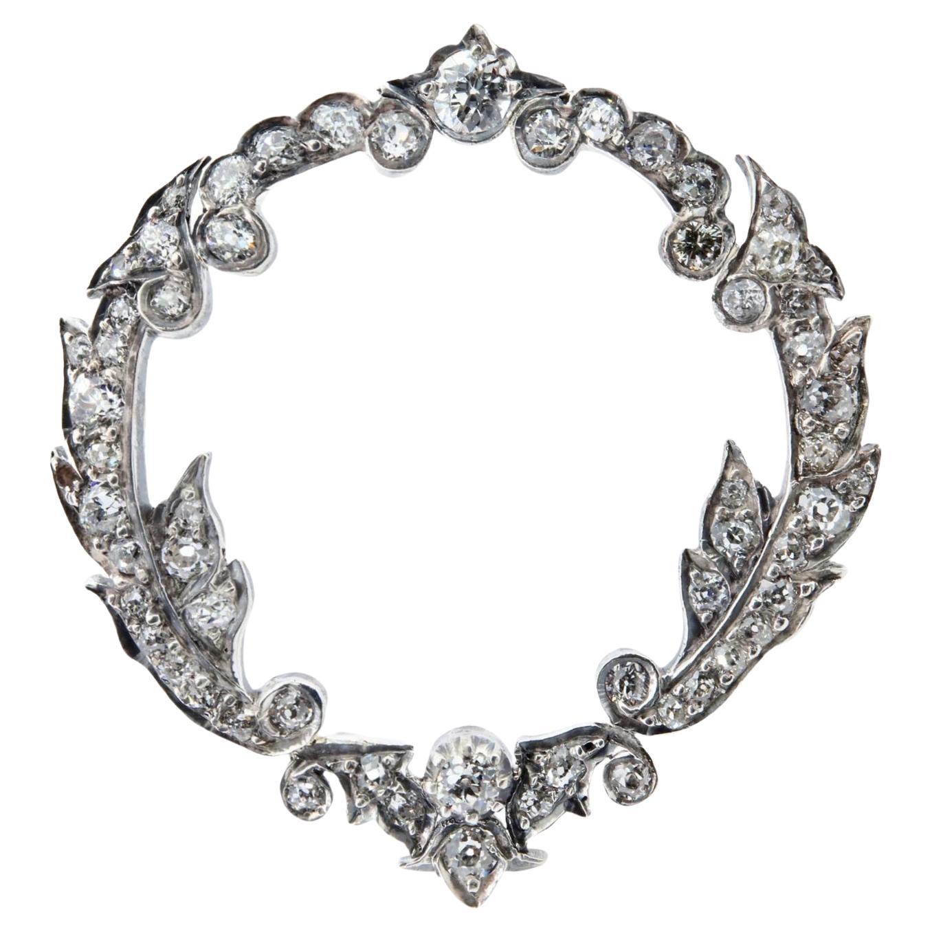 Victorian 3.20ctw Old Mine Cut Diamond Garland Wreath Brooch Pin Antique