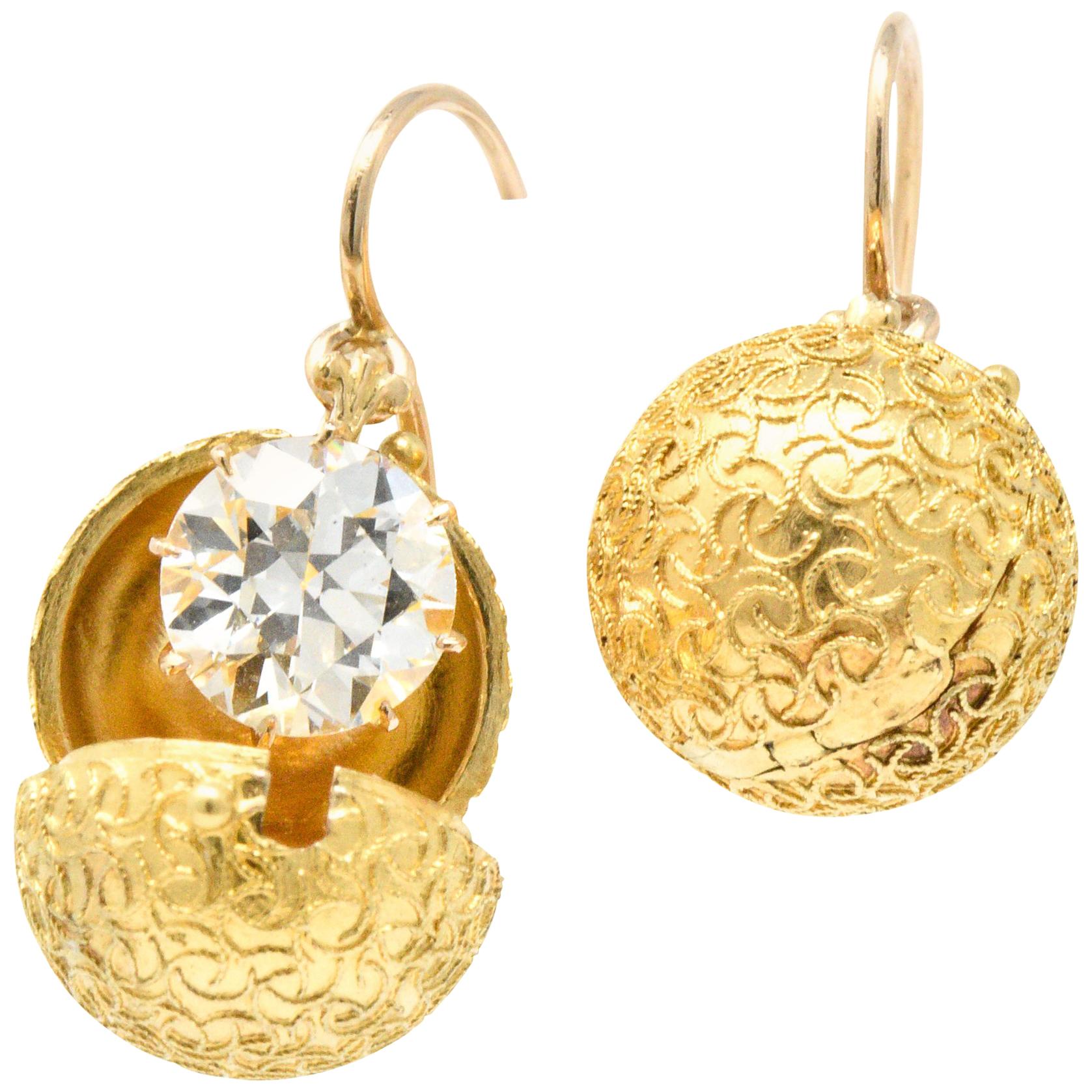Victorian 3.25 Carat Diamond 14+ Karat Gold Drop Earrings with Coach Covers