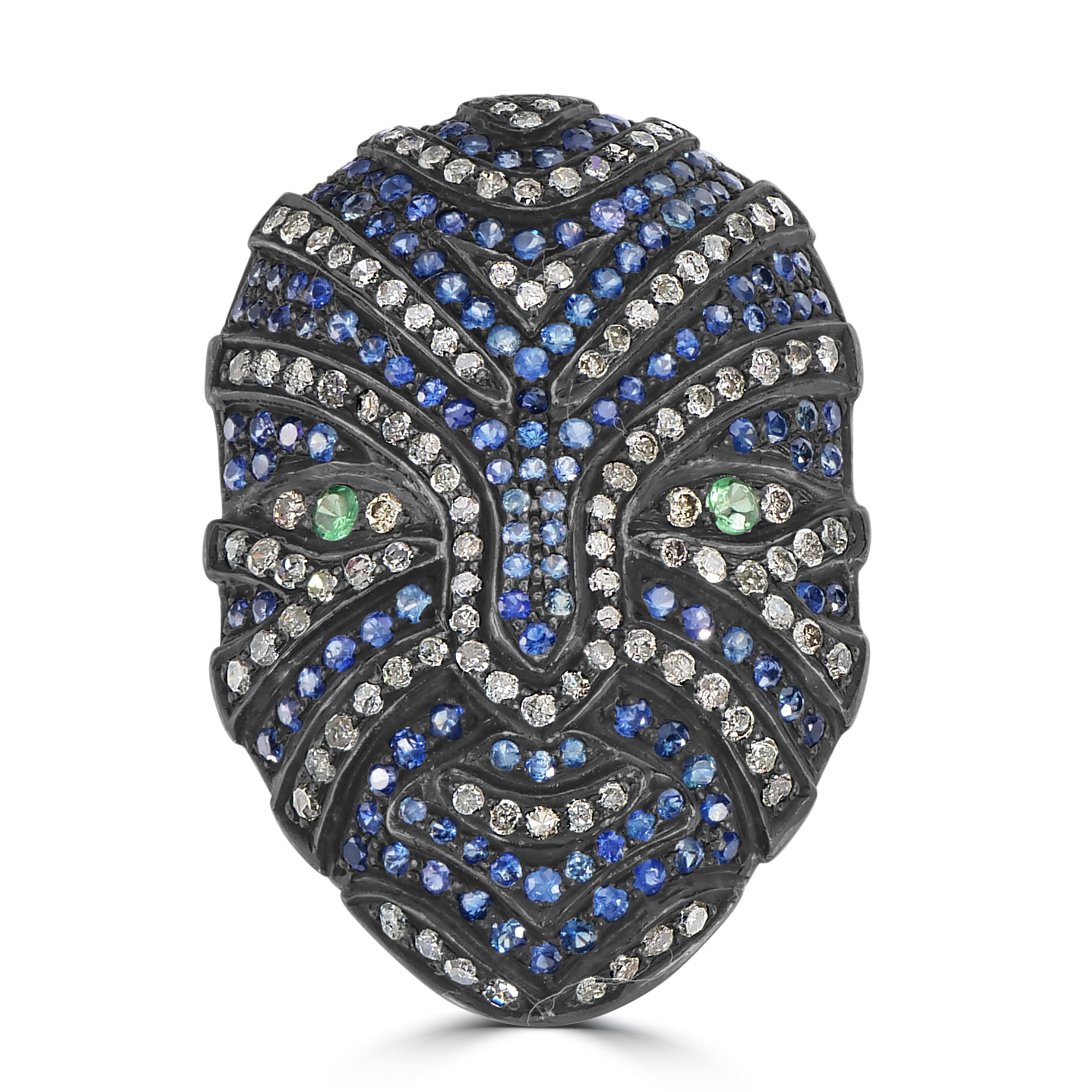 Viktorianisch 3.3 Cttw. Full Face Maskenring mit blauem Saphir, Tsavorit und Diamant im Zustand „Neu“ im Angebot in New York, NY