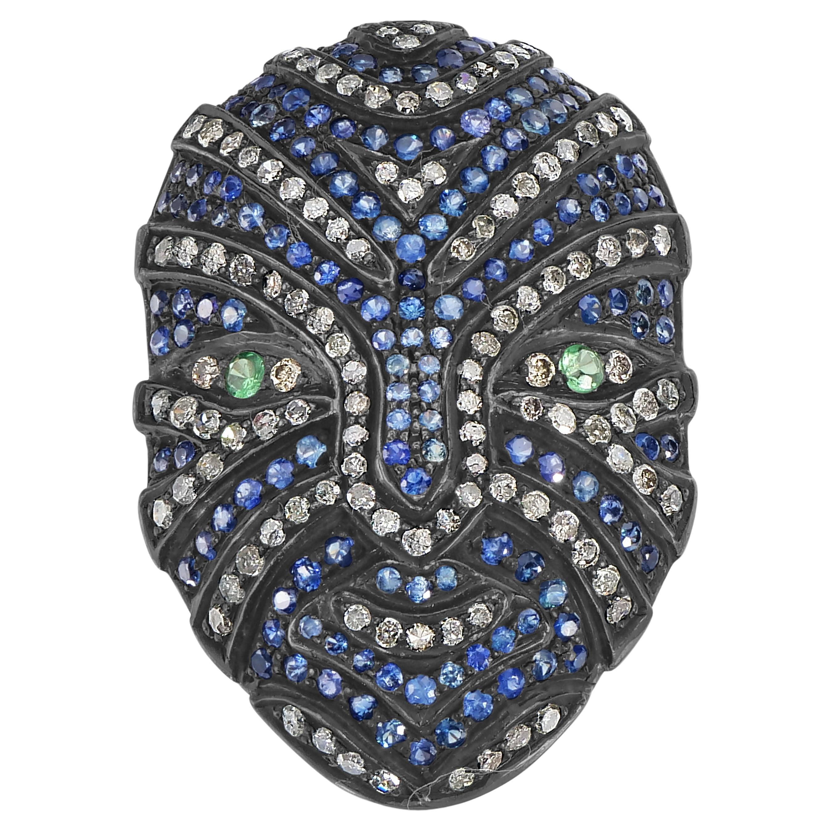 Victorian 3.3 Cttw. Blue Sapphire, Tsavorite and Diamond Full Face Mask Ring For Sale
