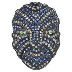 Victorian 3.3 Cttw. Blue Sapphire, Tsavorite and Diamond Full Face Mask Ring