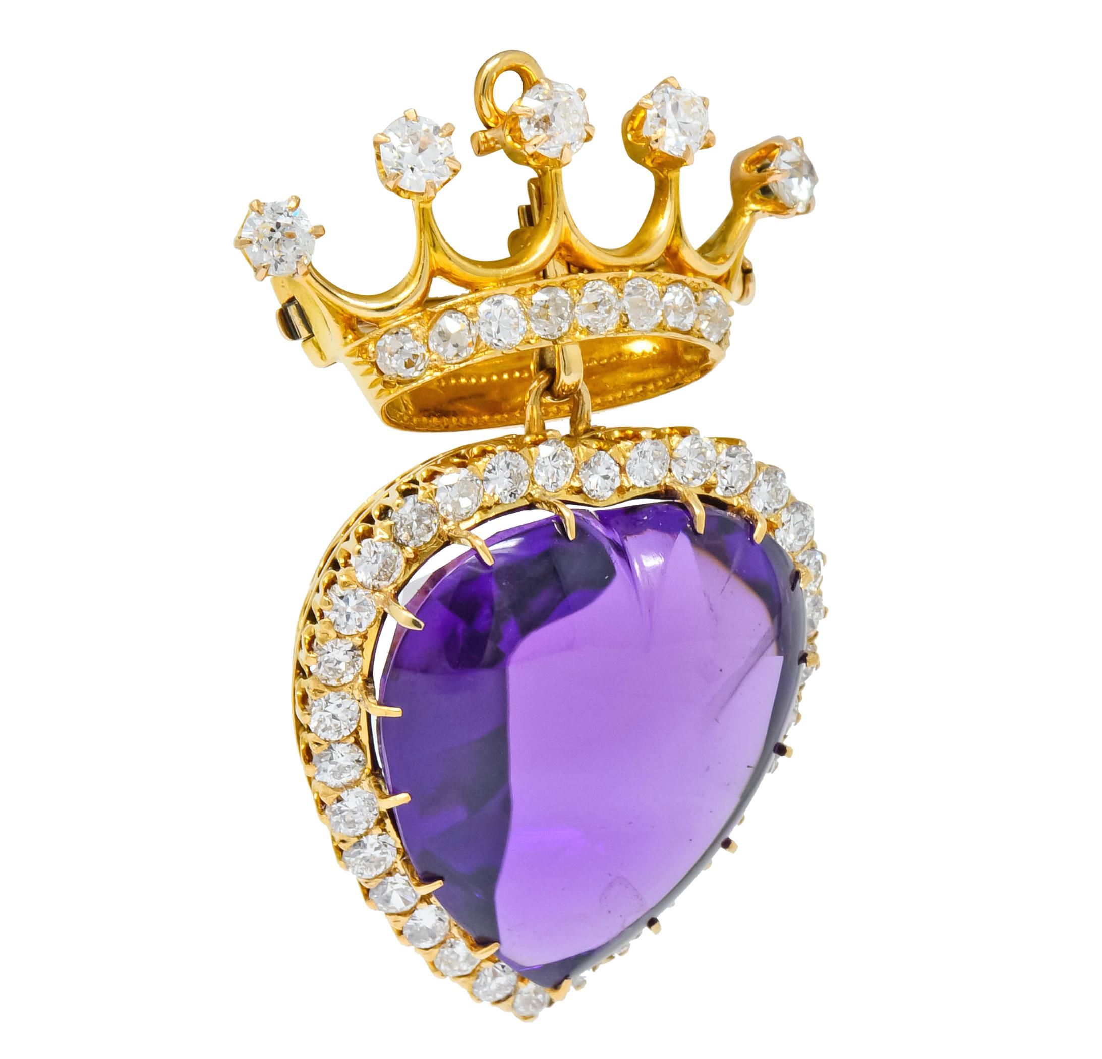Old European Cut Victorian 3.30 Carat Amethyst Diamond 18 Karat Gold Crowned Heart Pendant Brooch