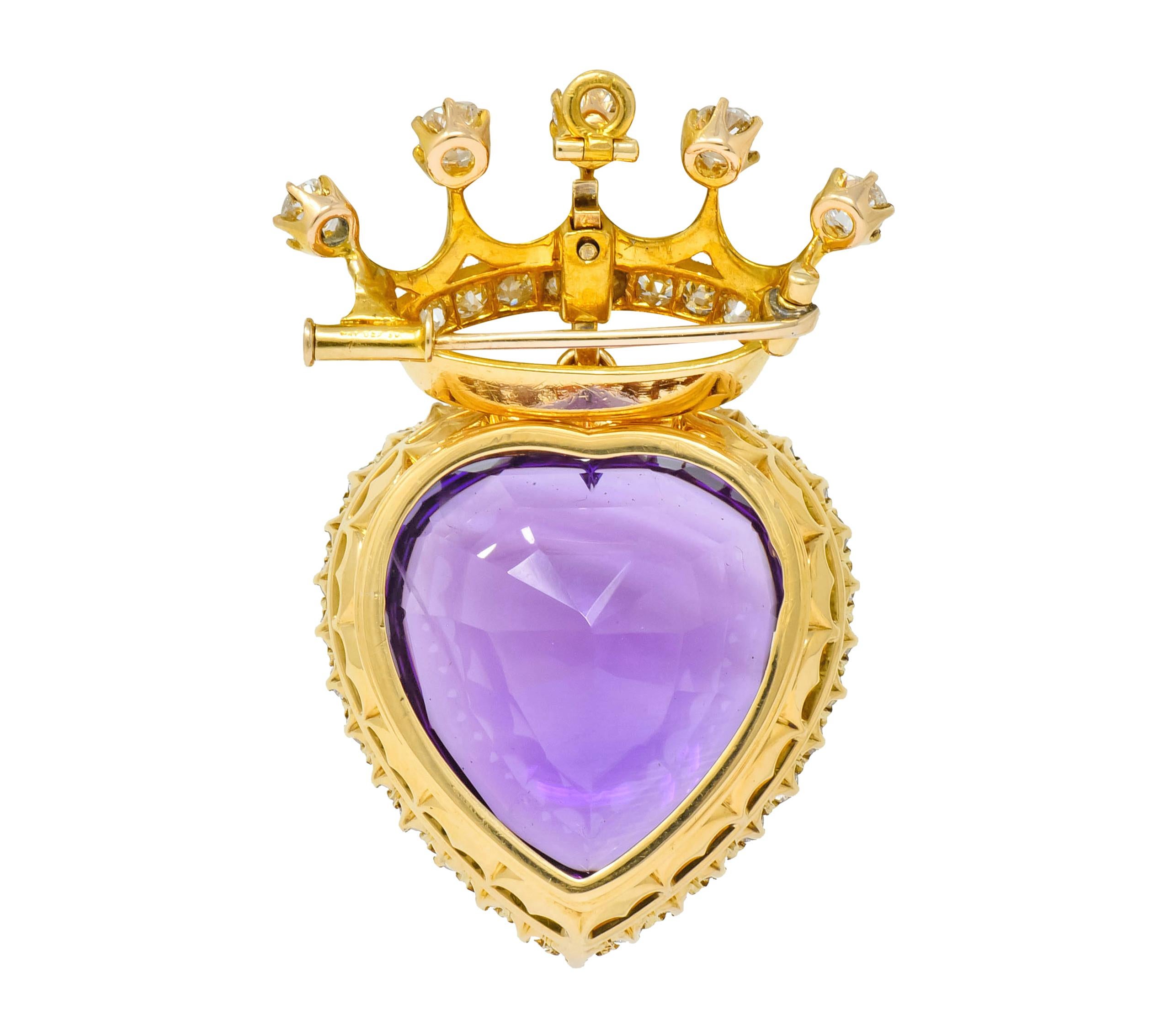 Victorian 3.30 Carat Amethyst Diamond 18 Karat Gold Crowned Heart Pendant Brooch In Excellent Condition In Philadelphia, PA
