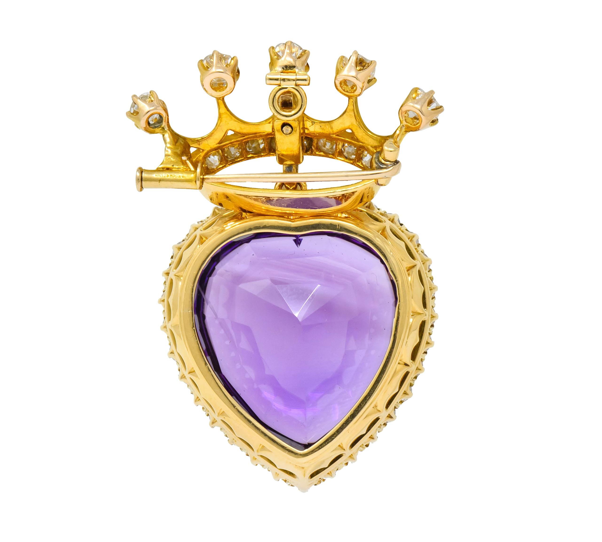 Women's or Men's Victorian 3.30 Carat Amethyst Diamond 18 Karat Gold Crowned Heart Pendant Brooch