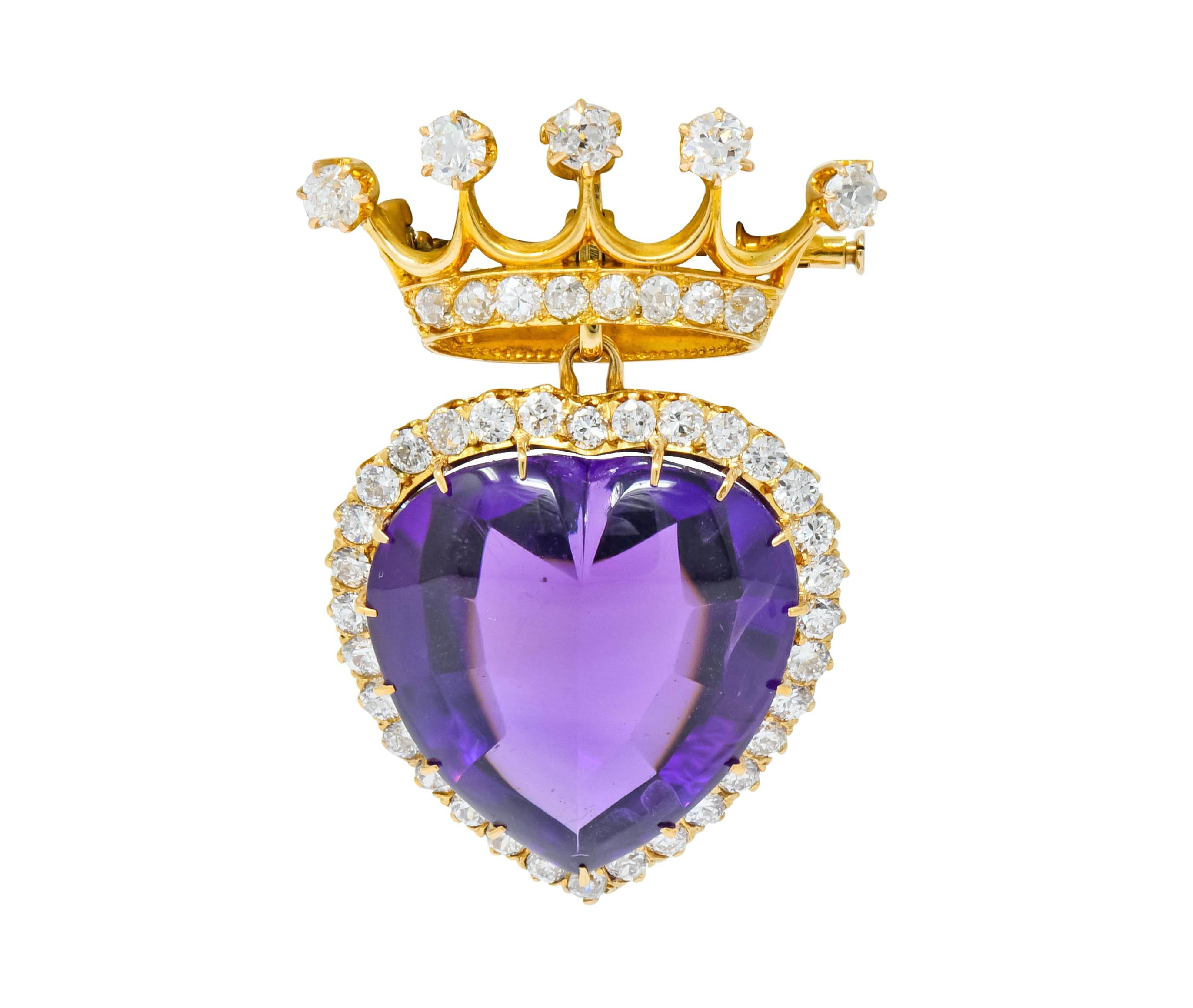 Victorian 3.30 Carat Amethyst Diamond 18 Karat Gold Crowned Heart Pendant Brooch 1