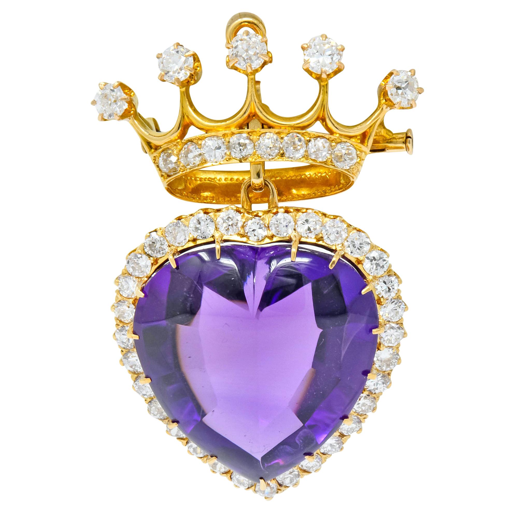 Victorian 3.30 Carat Amethyst Diamond 18 Karat Gold Crowned Heart Pendant Brooch